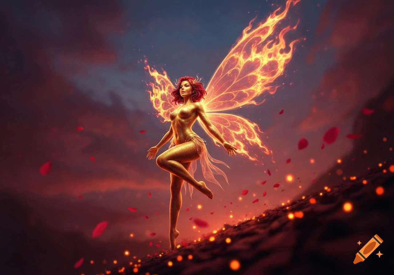 A glittery golden fairy with fiery wings and red hair stands in a magical setting with falling red petals and glowing lights against a sunset sky.
