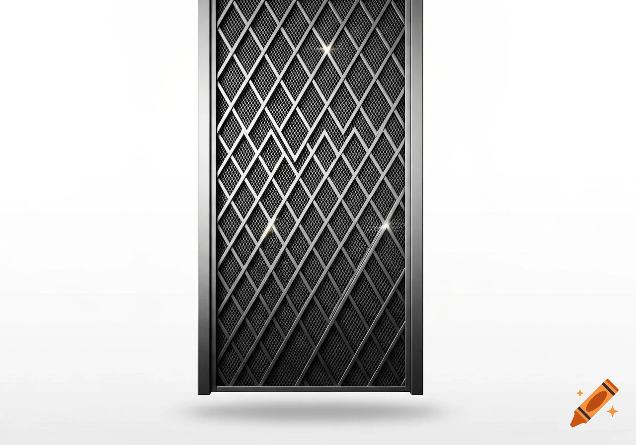 A close-up of a dark metal security screen with a diamond mesh pattern, against a white background.