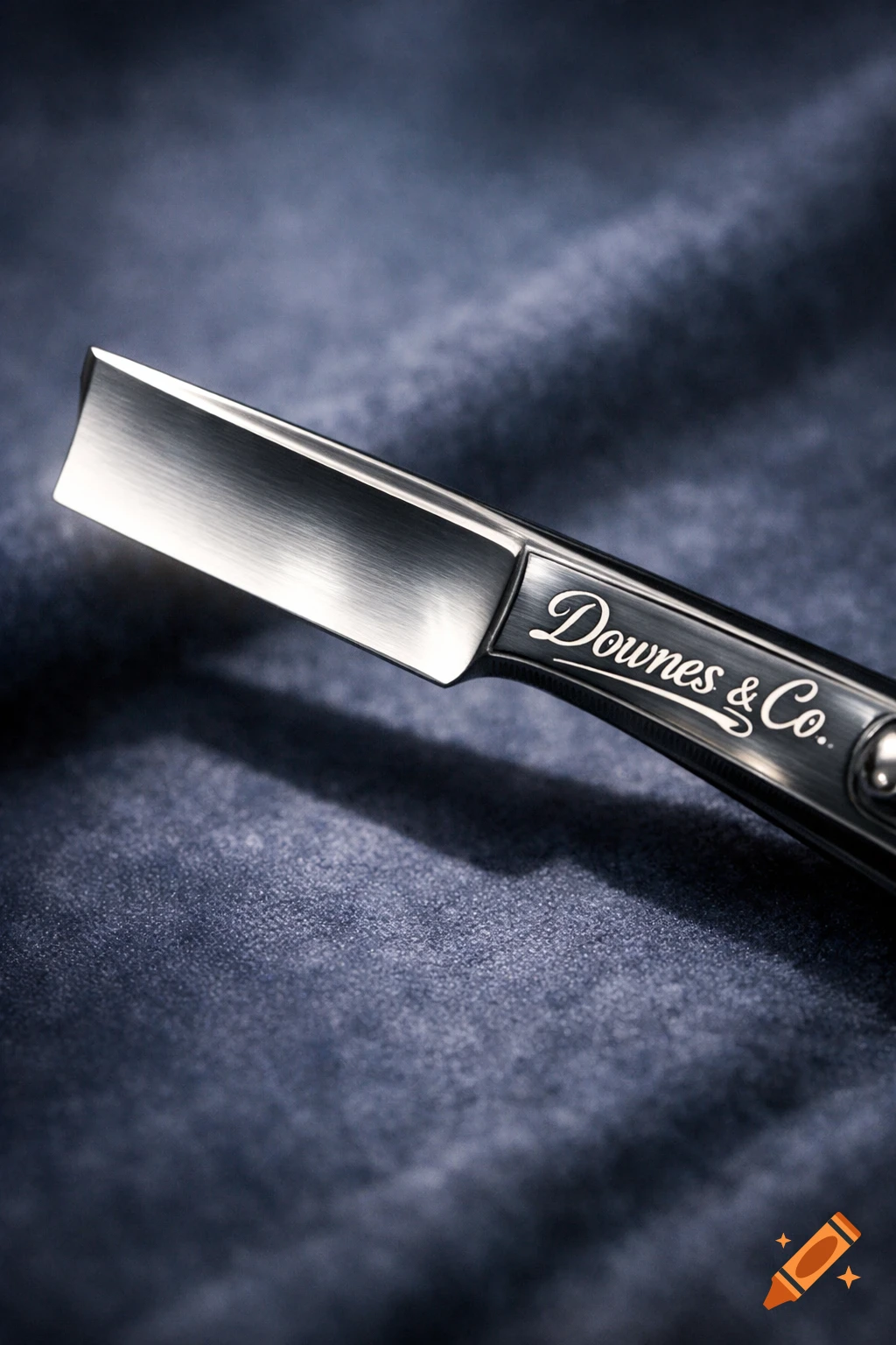 Close-up of a shiny silver straight razor with 'Downes & Co.' engraved on its handle, resting on a dark, textured surface.