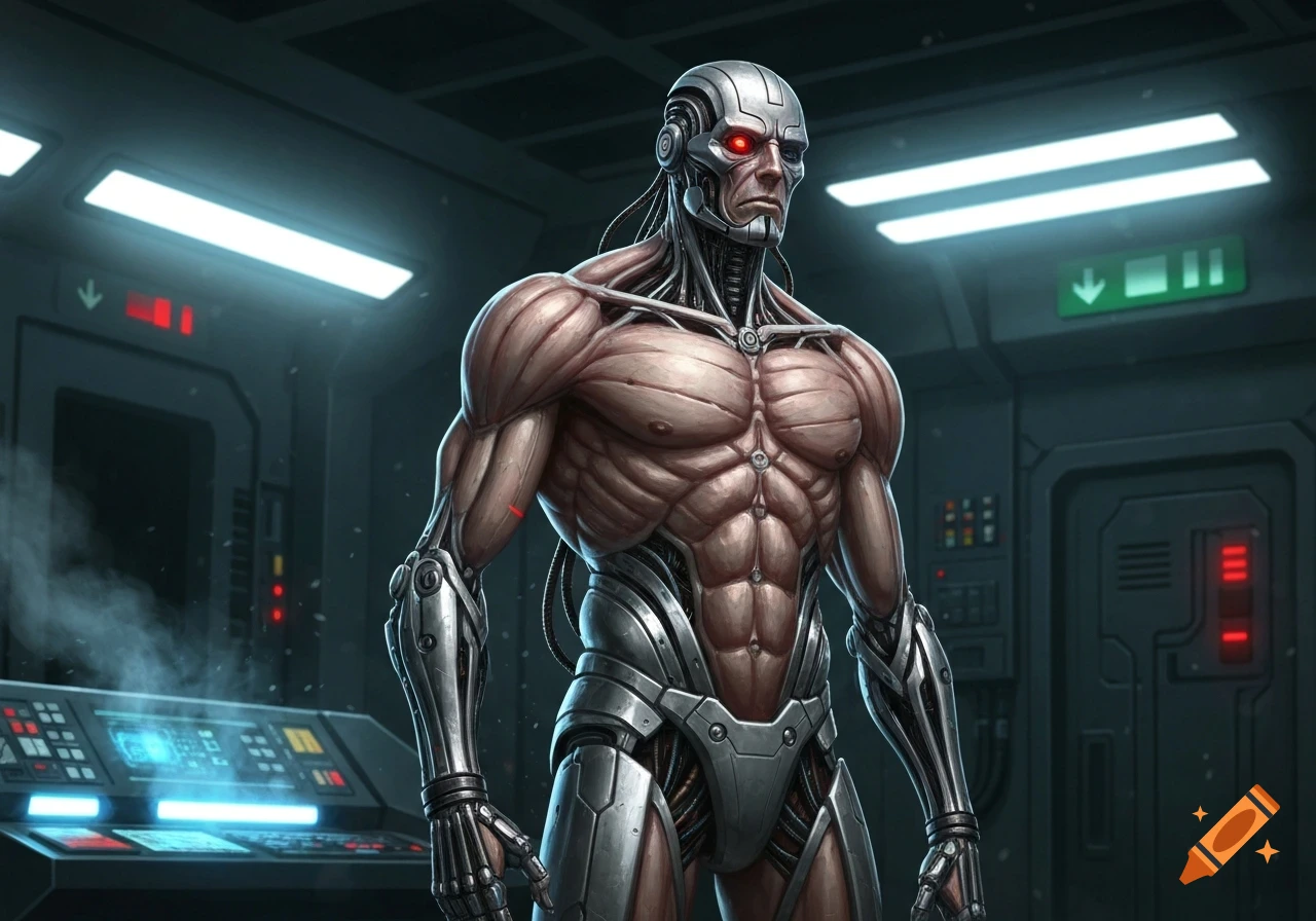 A photorealistic male cyborg with exposed muscles and metallic limbs stands in a futuristic, dimly lit laboratory.