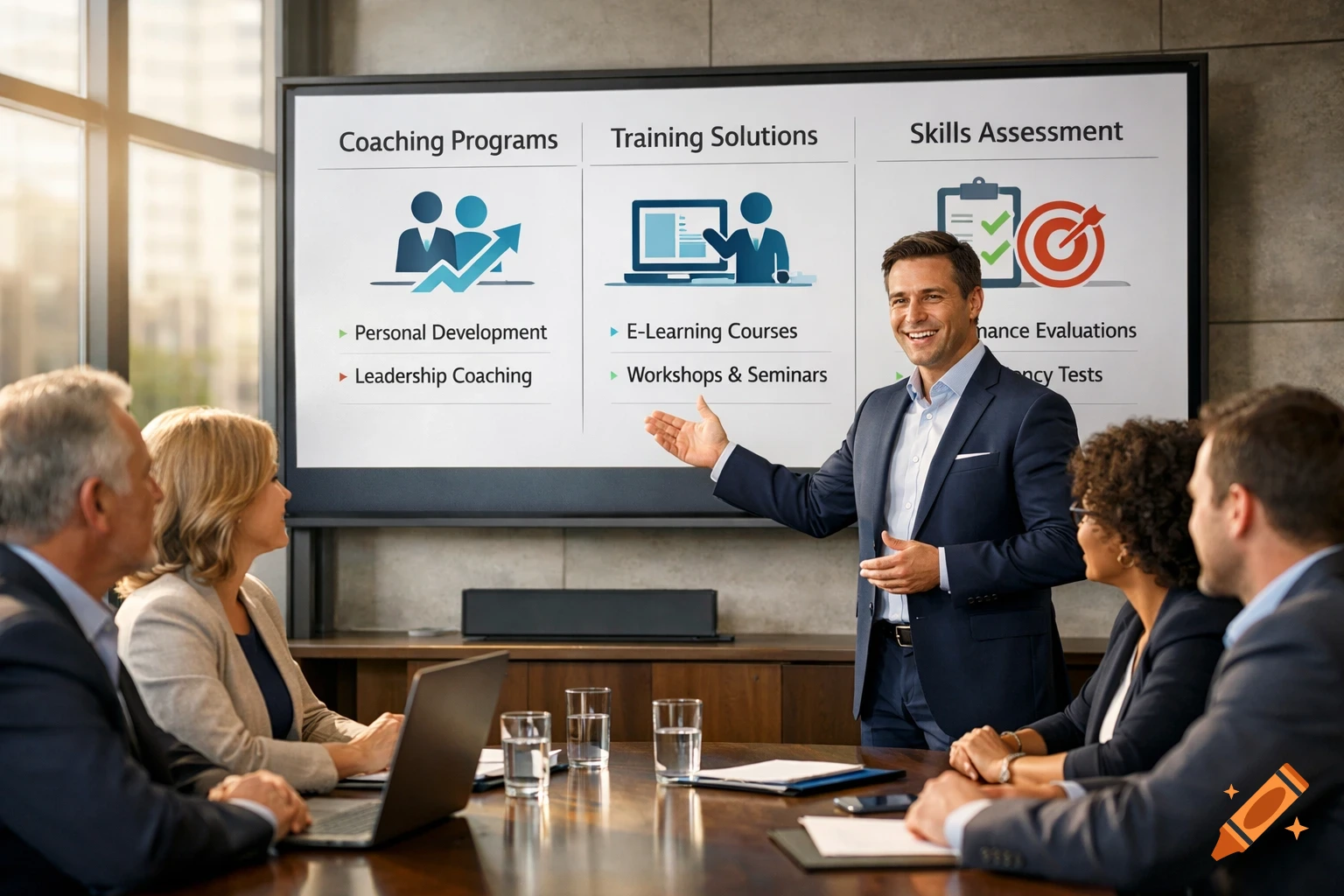 A man in a suit presents a business pitch on a large screen displaying 'Coaching Programs' to professionals in a boardroom.