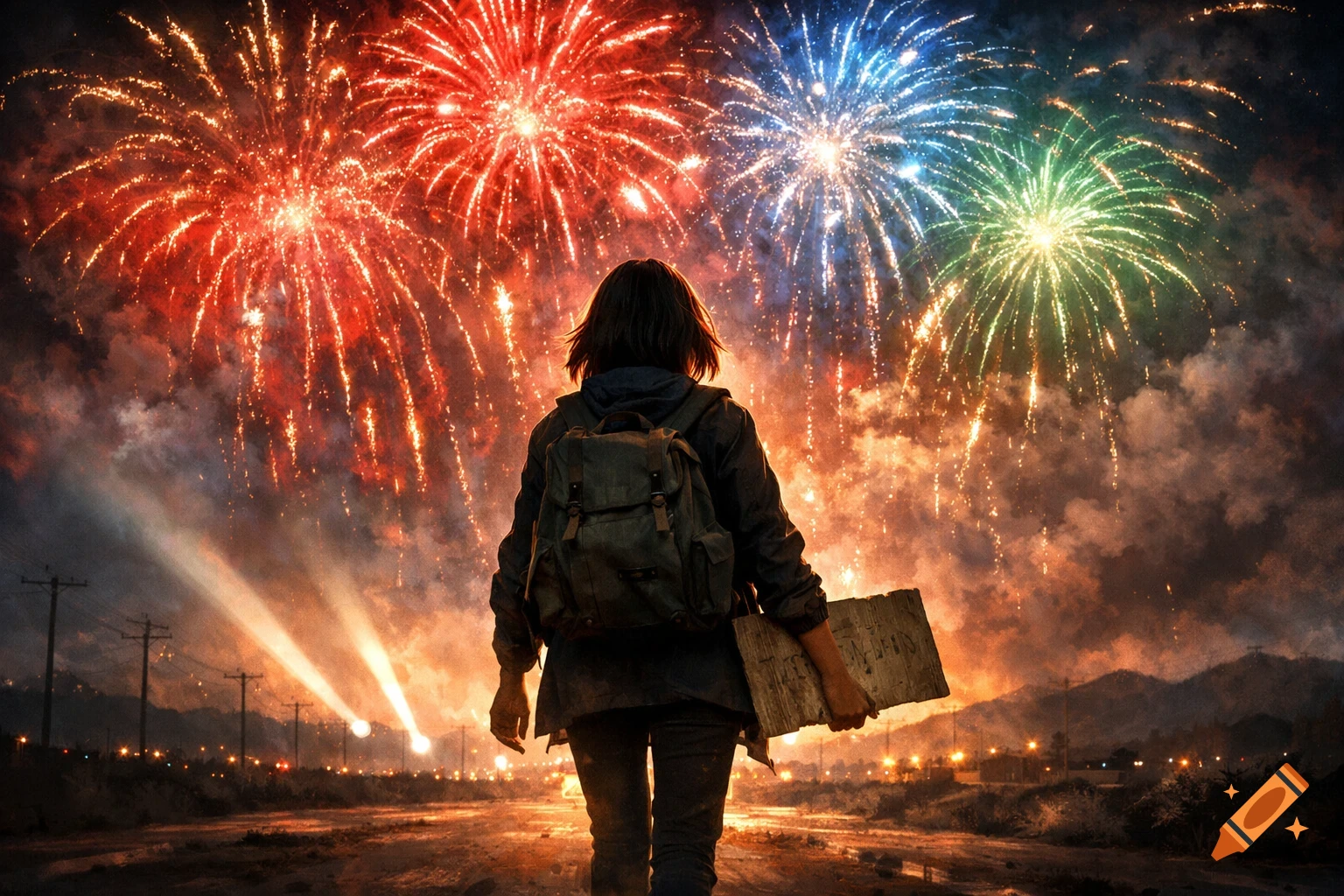 A person with a backpack and a sign, seen from behind, watches colorful fireworks explode over a cinematic night landscape.