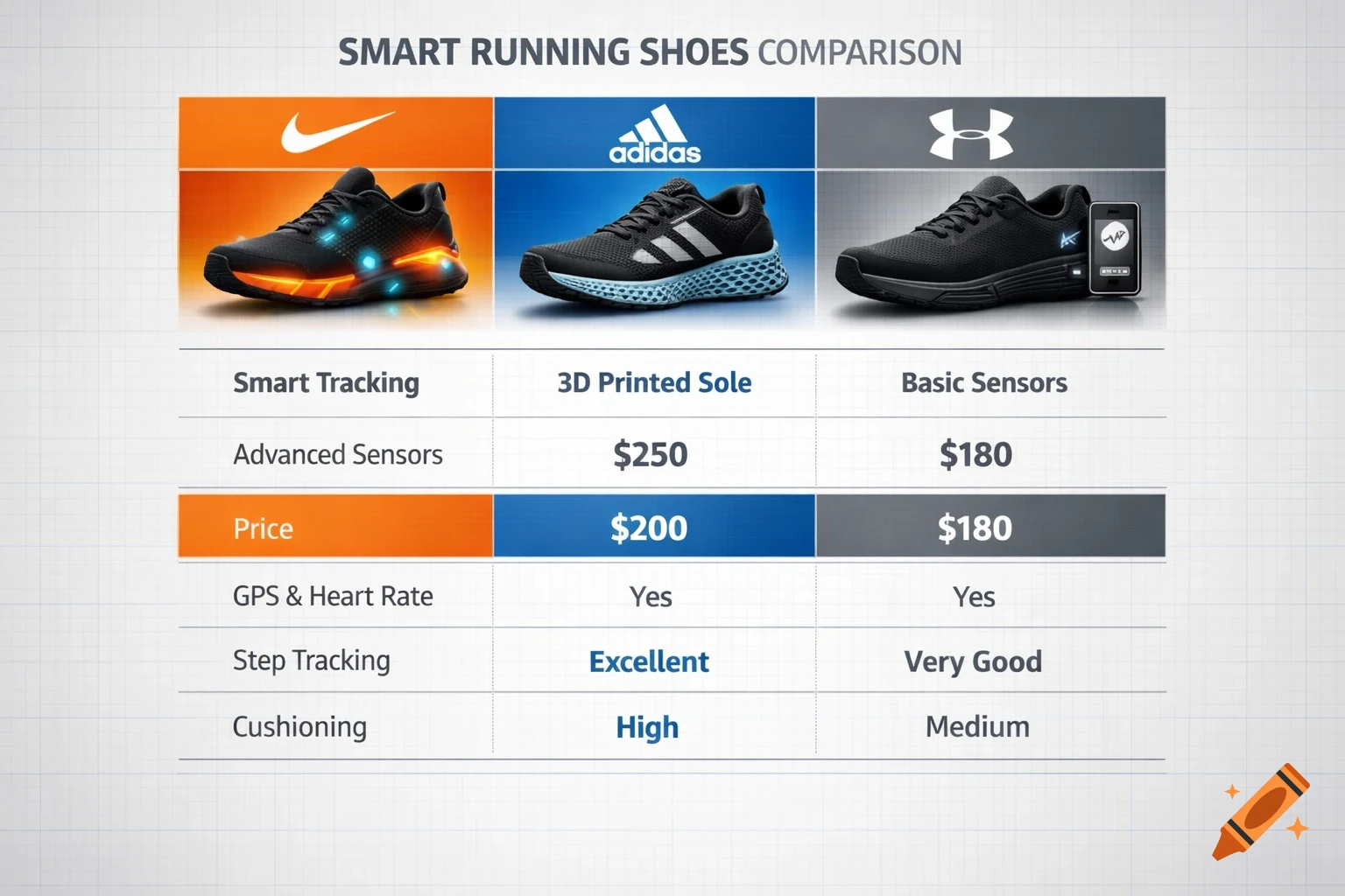 An infographic comparing smart running shoes from Nike, Adidas, and Under Armour. It features a chart with prices and performance details, showcasing each brand's shoe design.