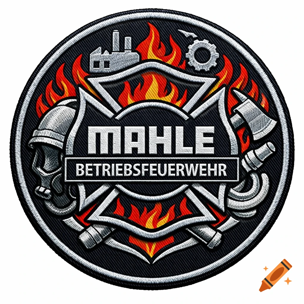 Embroidered patch for a factory fire brigade with 'MAHLE BETRIEBSFEUERWEHR' text, featuring a helmet, axe, hose, flames, and factory.