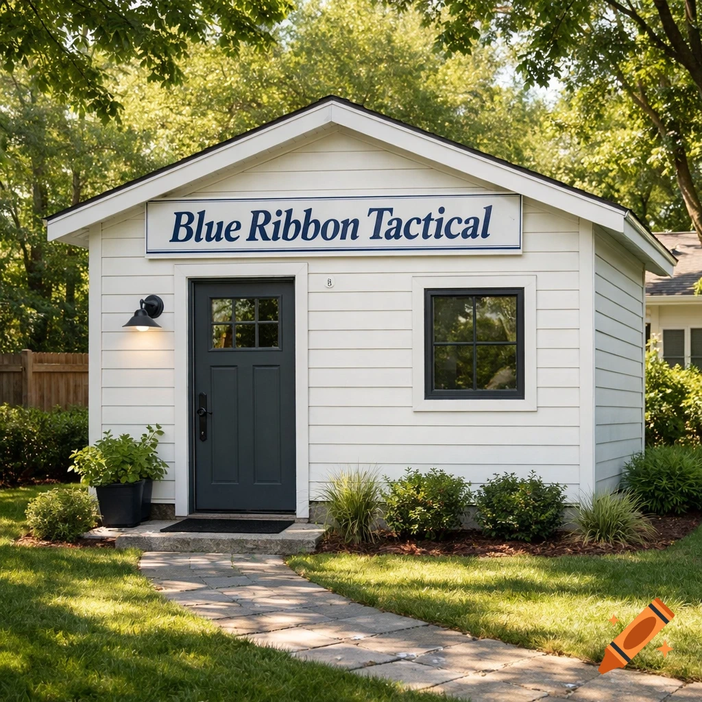 A small white building with a 'Blue Ribbon Tactical' sign and dark gray door in a lush green backyard.