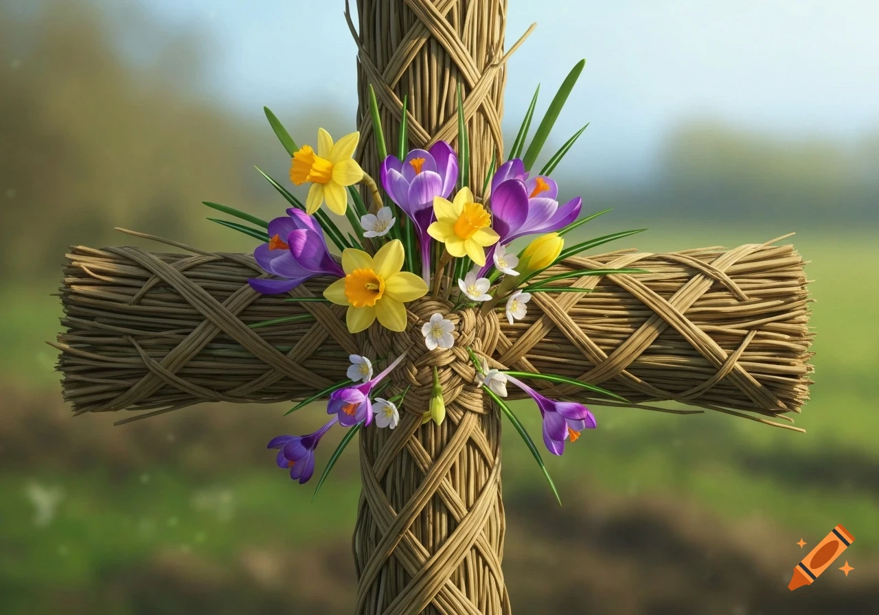 A woven cross adorned with yellow daffodils, purple crocuses, and small white spring flowers against a soft, blurred outdoor background.