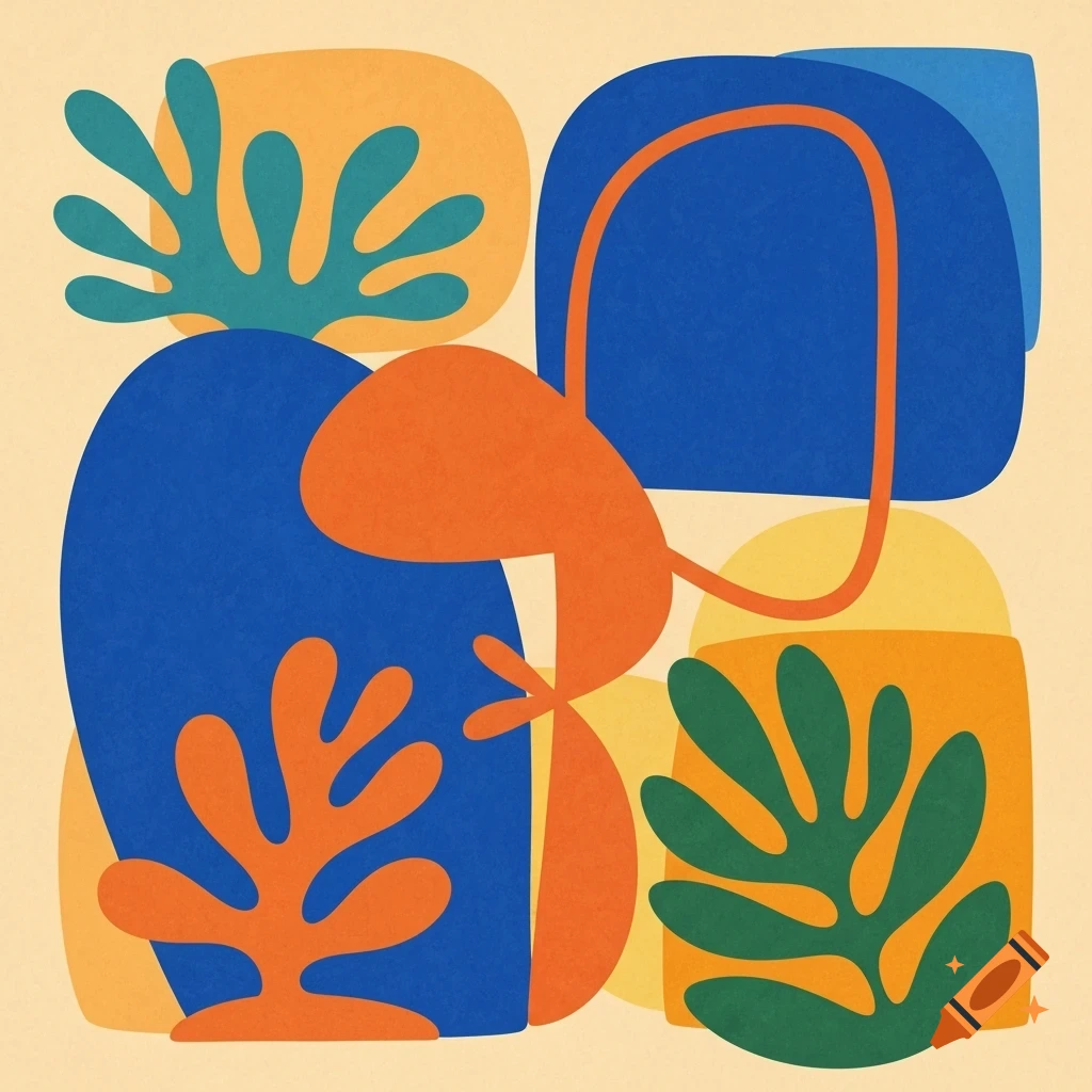 Abstract composition of blue, orange, yellow, and green organic shapes with texture on a light beige background.