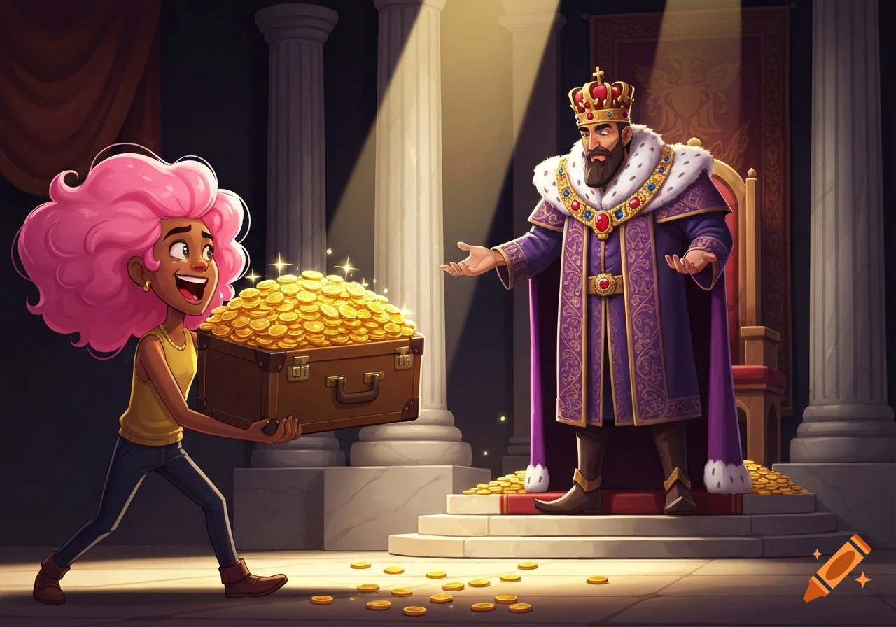 Cartoon woman with pink hair gives a gold-filled suitcase to a king in a grand hall.