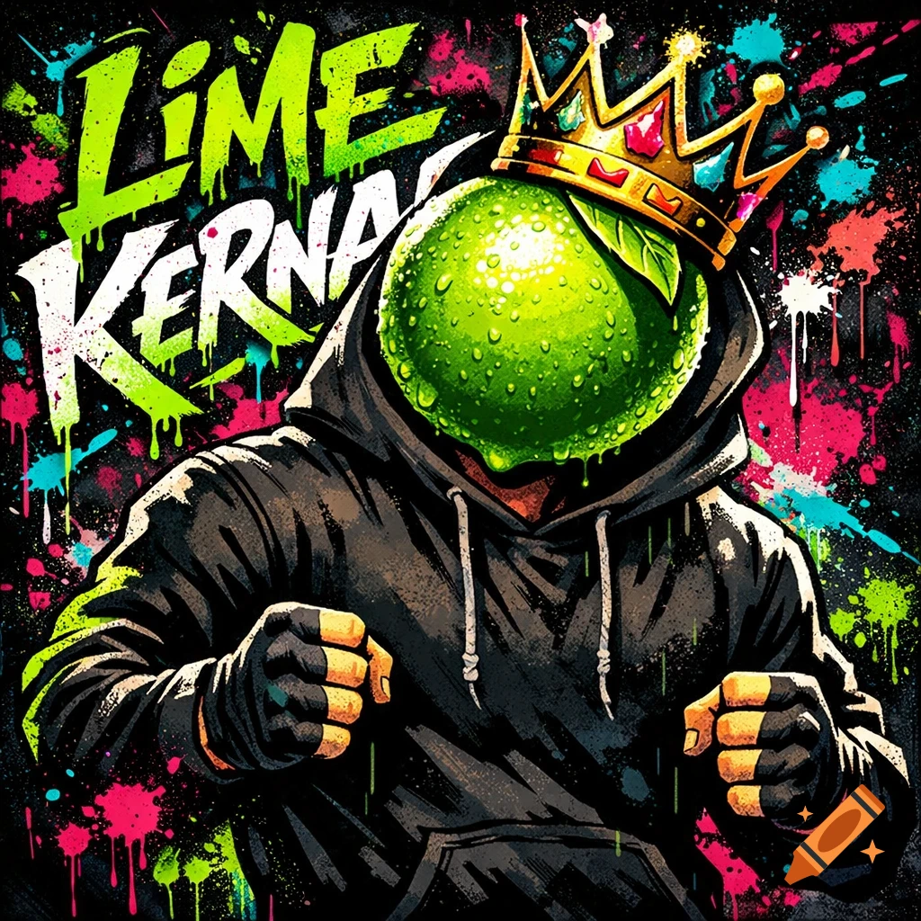 A person with a lime head, black hoodie, and crown, against a colorful graffiti background with 'LIME KERNAL' text, in a vibrant graffiti art style.