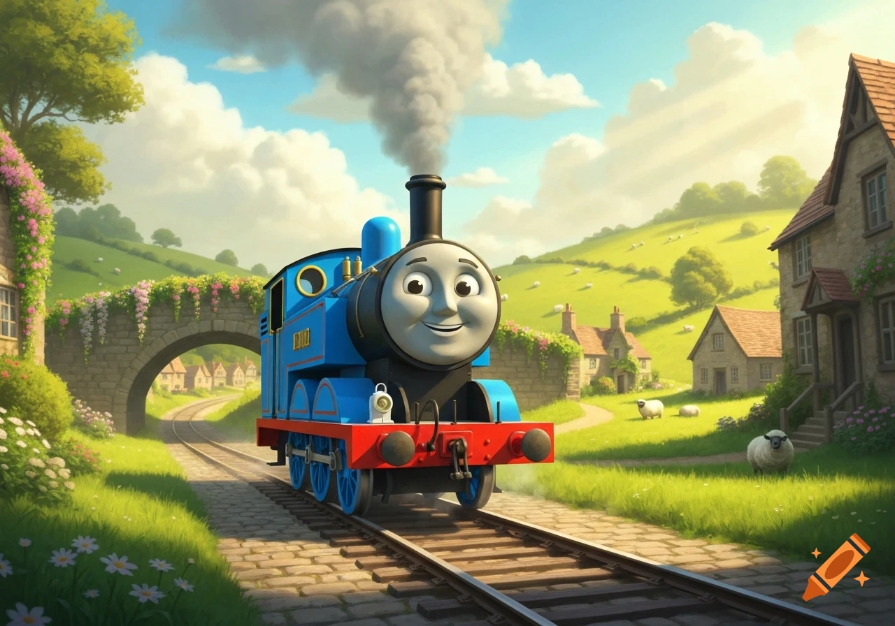 A smiling blue cartoon train on tracks in a vibrant green countryside with a stone bridge, houses, and sheep.
