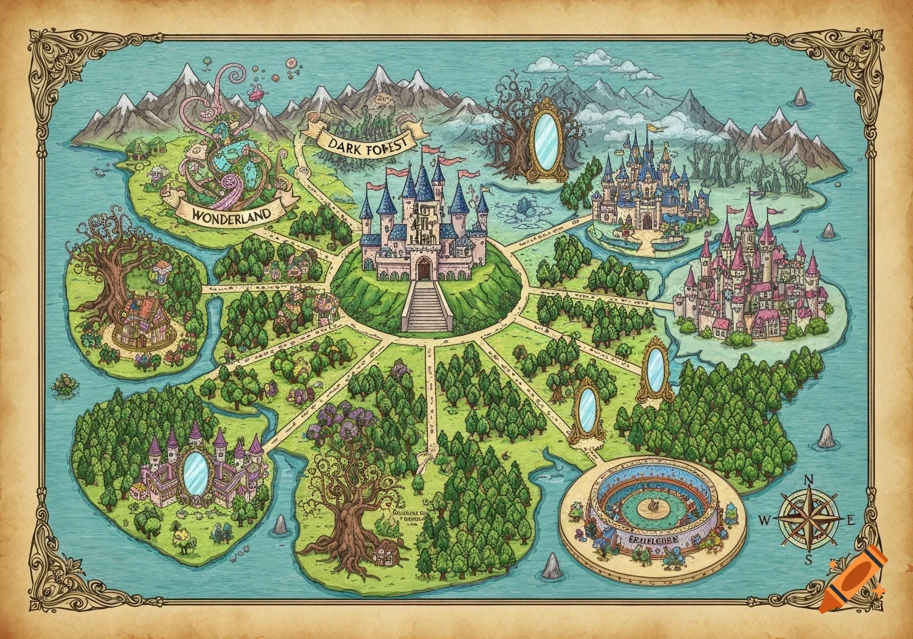 A detailed hand-drawn fantasy world map in a storybook style, with castles, mountains, forests, and magical elements on a parchment background.