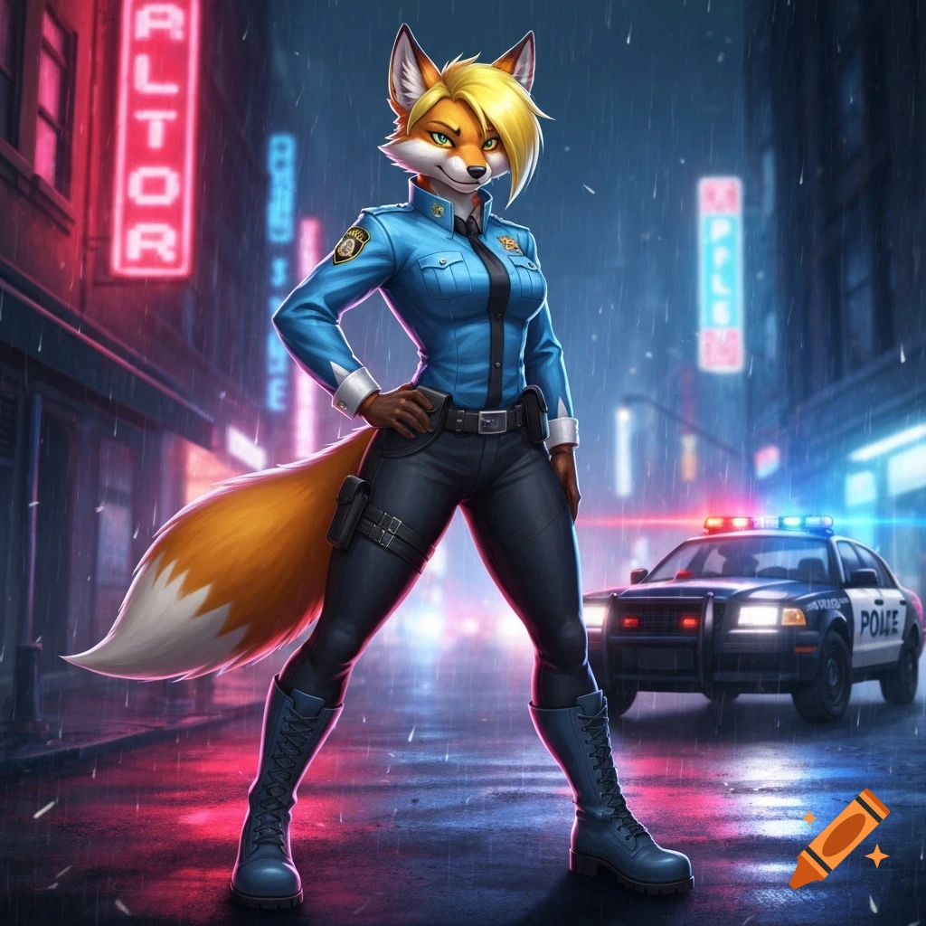 An anthropomorphic fox police officer stands in the rain on a city street at night, with neon signs and a police car in the background, in a digital art style.