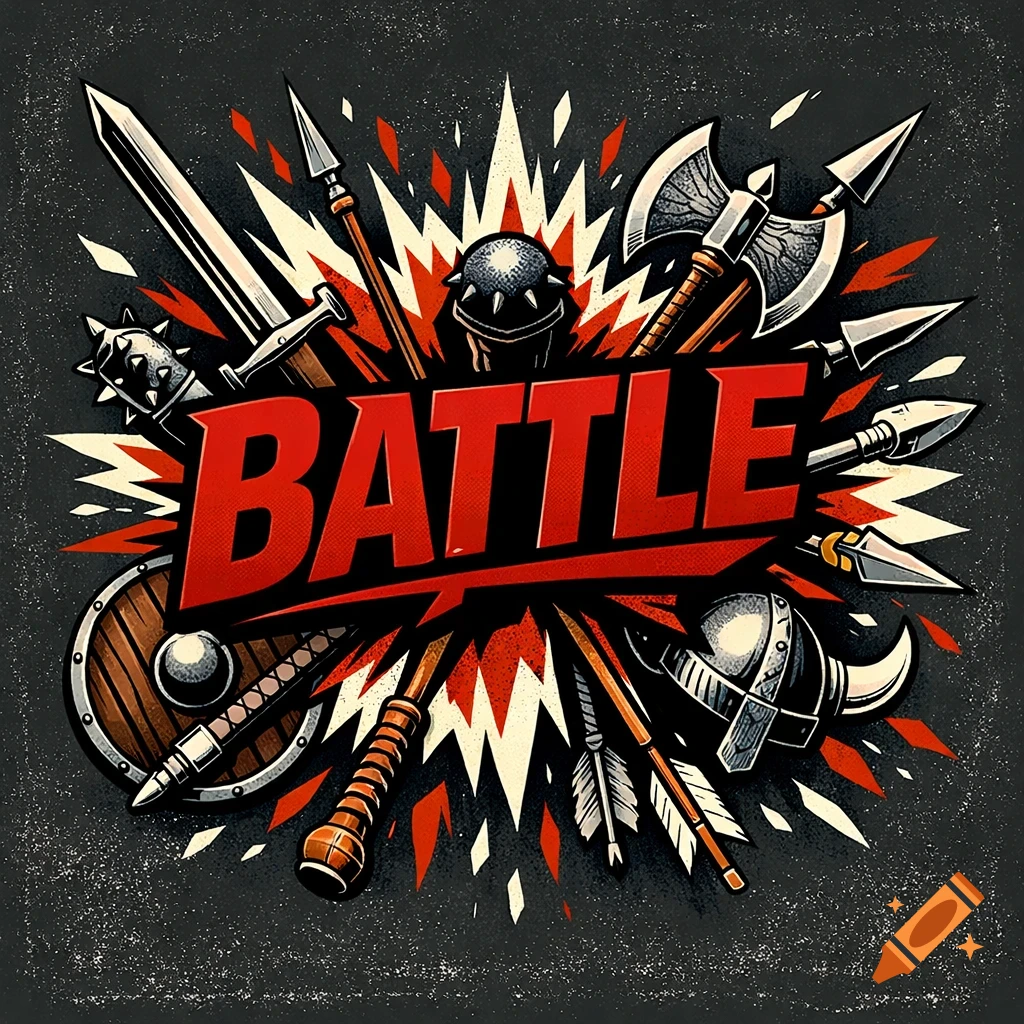 Poster art illustration of ancient weapons (sword, axe, mace, shield, helmets, spears, arrows) bursting around the word BATTLE on a dark background.