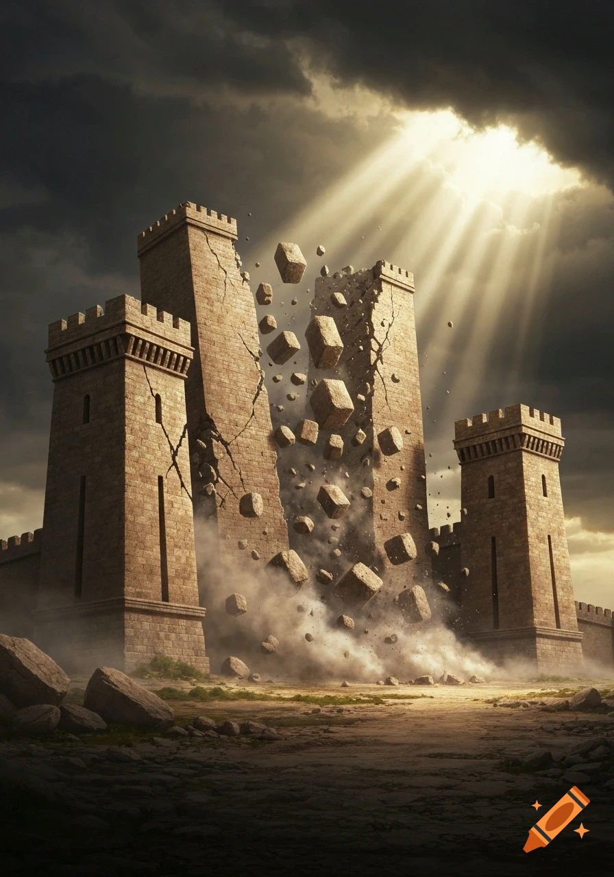 Photorealistic image of ancient stone castle walls collapsing into debris and dust under a dramatic stormy sky with sun rays.