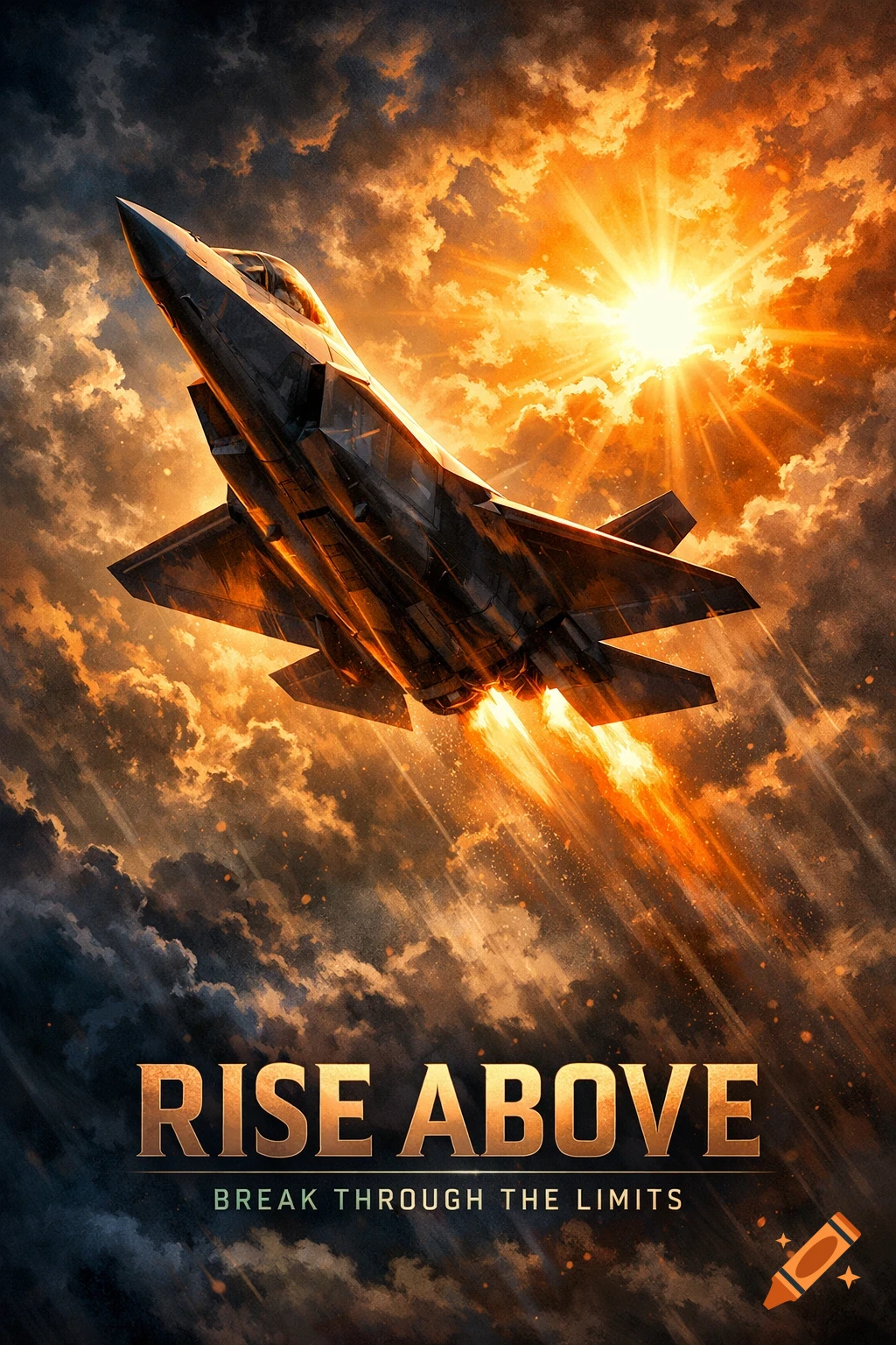 A fighter jet ascending through a dramatic, fiery orange and dark cloudy sky, with bright sun rays and inspirational text "RISE ABOVE BREAK THROUGH THE LIMITS" below.
