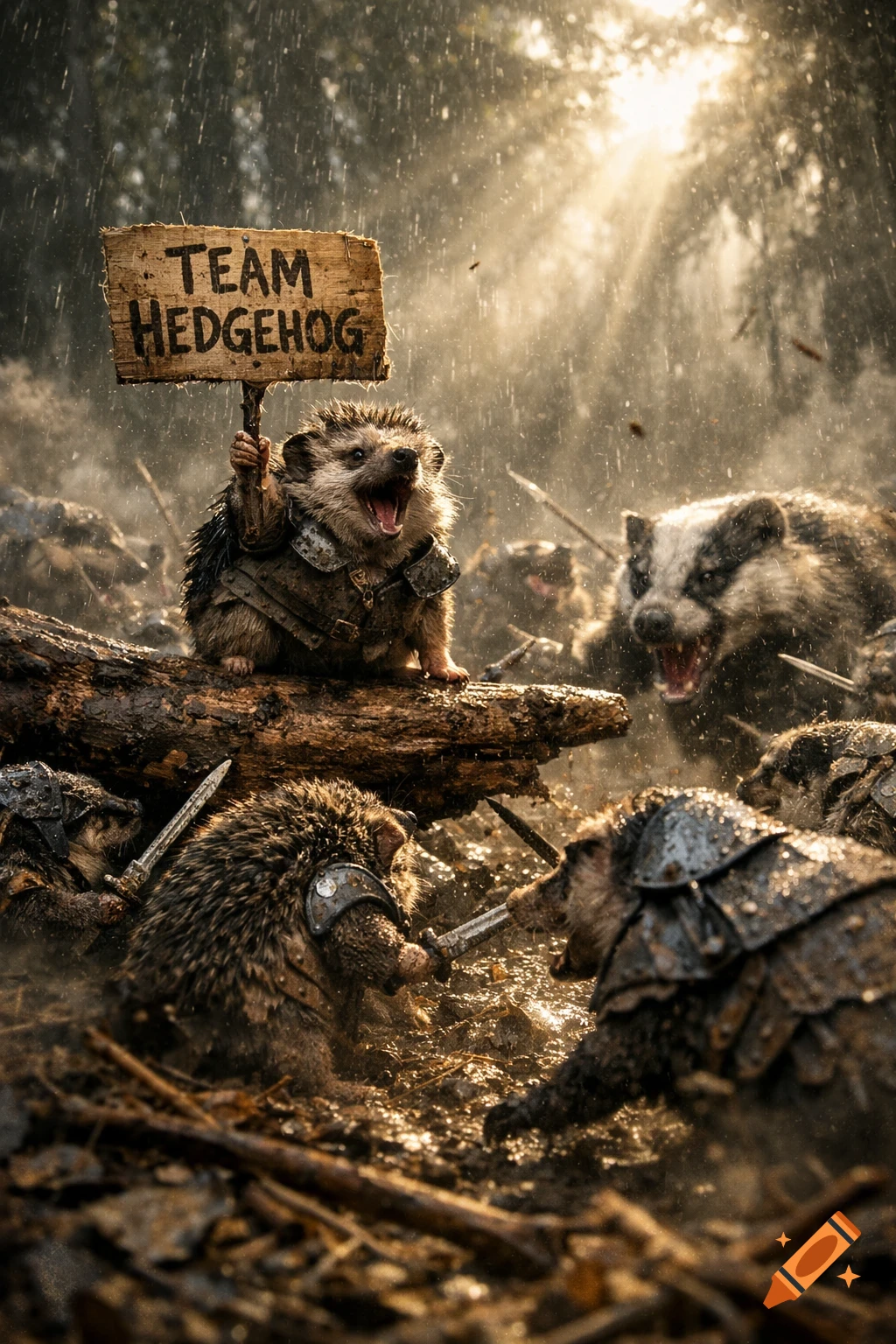 Photorealistic image of armored hedgehogs and badgers fighting in the rain, a hedgehog holding a 'TEAM HEDGEHOG' sign.