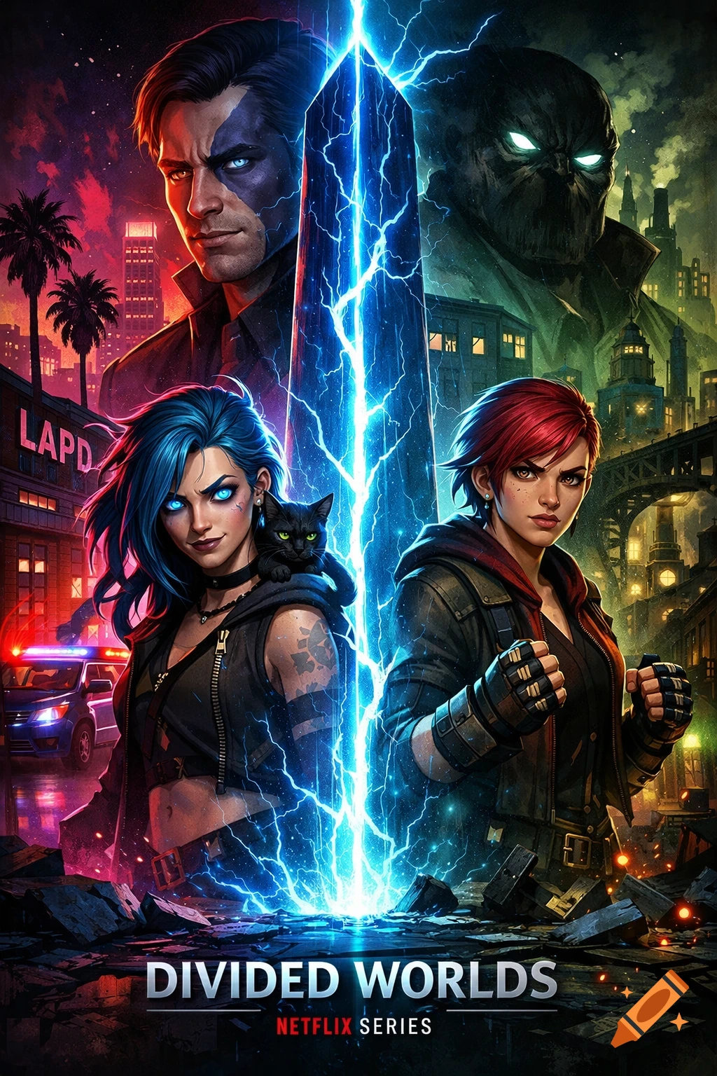 A vibrant poster for 'Divided Worlds' featuring a blue energy obelisk splitting two women, a man, and a masked figure against contrasting cityscapes.