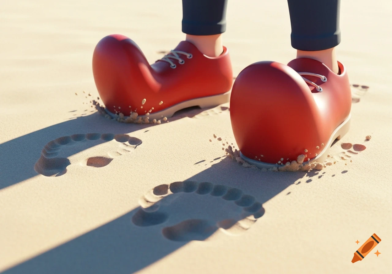 A person in oversized red clown shoes walks on a sandy beach, leaving large footprints.
