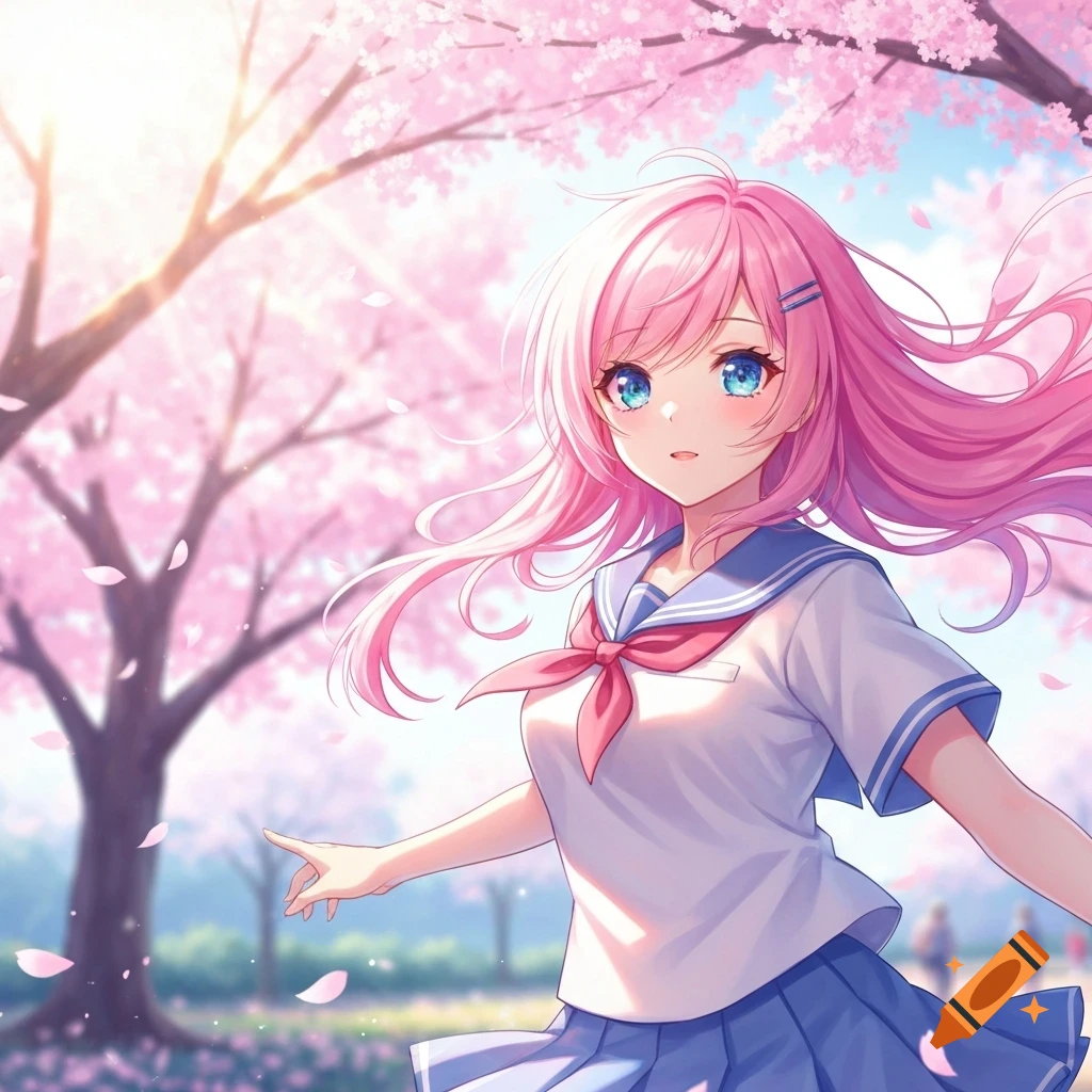 An anime girl with pink hair and blue eyes, wearing a sailor uniform, stands under cherry blossoms with falling petals.
