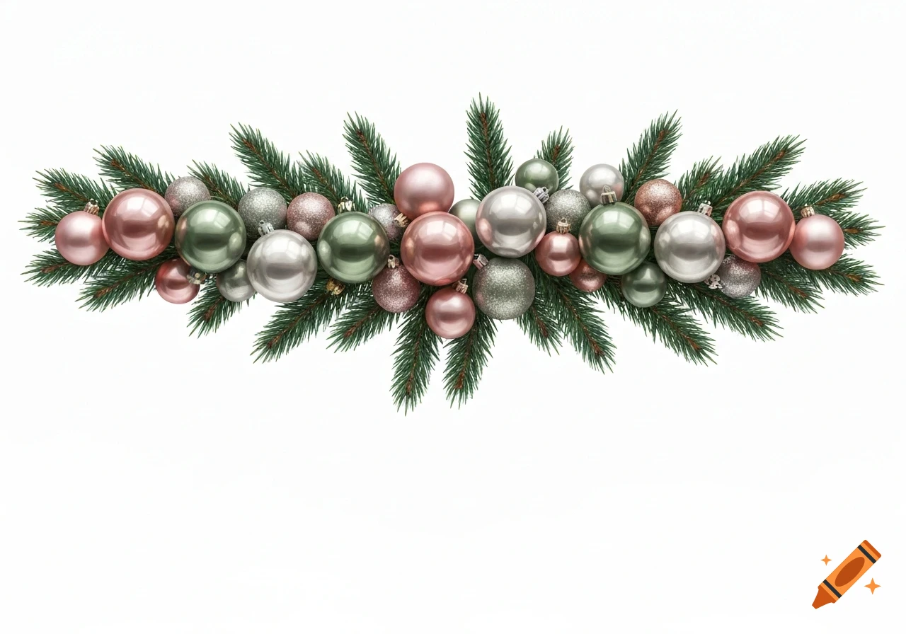 A horizontal Christmas garland of green fir branches decorated with pink, sage green, and silver baubles on a white background.