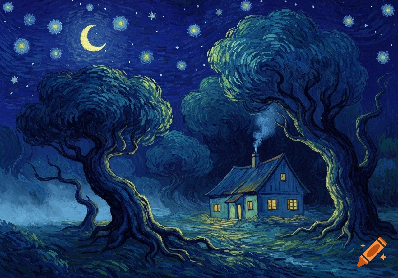 A small house with glowing windows nestled between large, swirling trees under a starry, crescent moonlit night sky, in Van Gogh's impressionistic style.