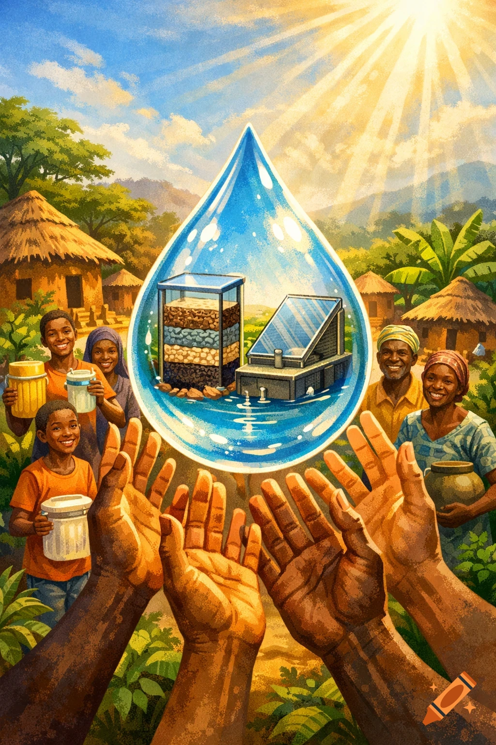 Vibrant illustration of an African community with hands reaching for a large water drop, symbolizing clean water access and technology.