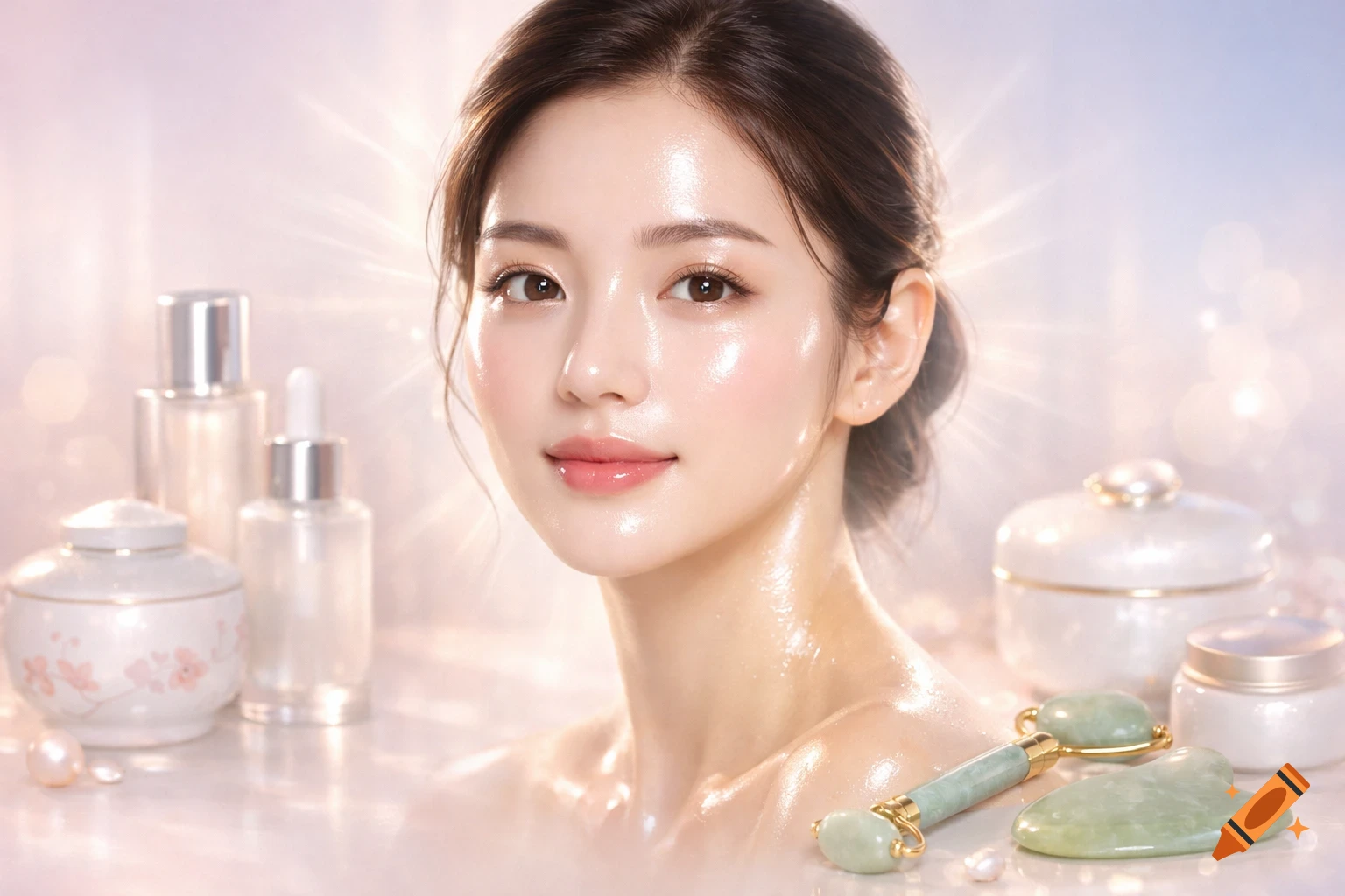 A woman with glowing, dewy skin looks forward, surrounded by skincare bottles, jars, and a jade roller in a soft, ethereal setting.