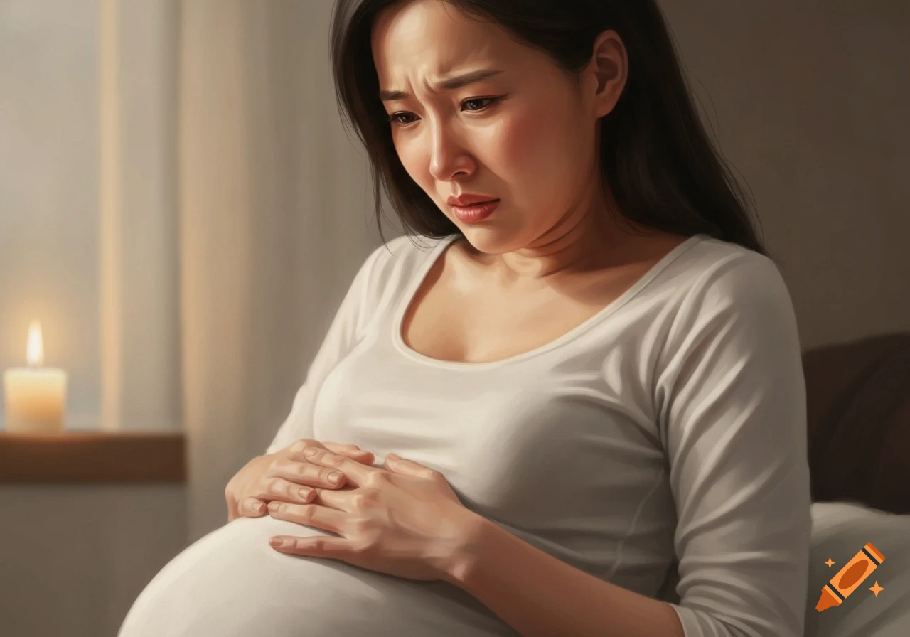 A pregnant woman in a white shirt, looking down with a pained expression, cradles her belly, illuminated by a candle.