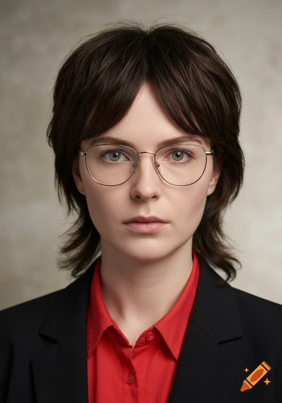 Photorealistic portrait of a pale woman with dark shaggy hair, glasses, red shirt, and black blazer, with a serious expression.