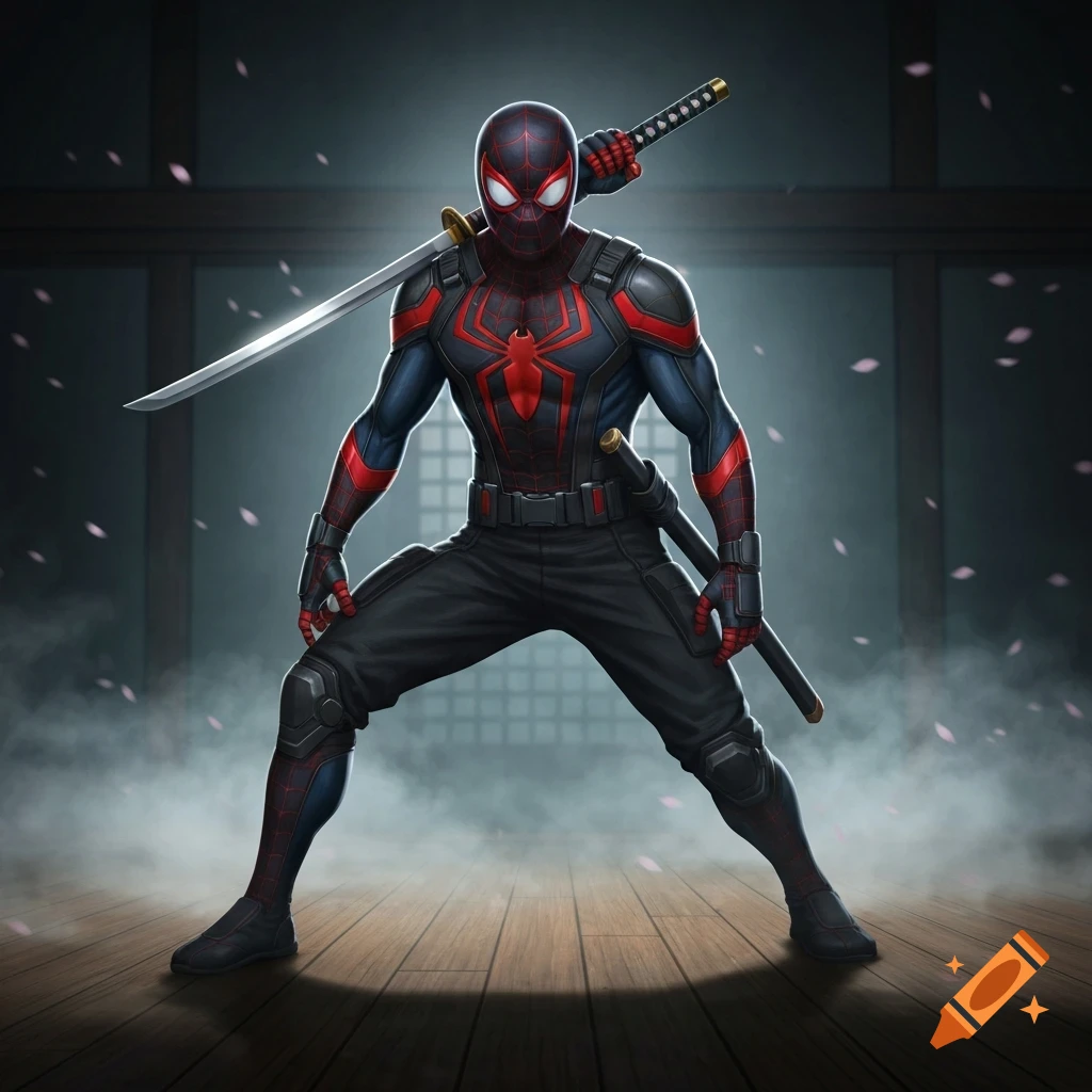 Spider-Man in a black and red ninja suit with a katana, standing in a stylized dojo with falling pink petals.