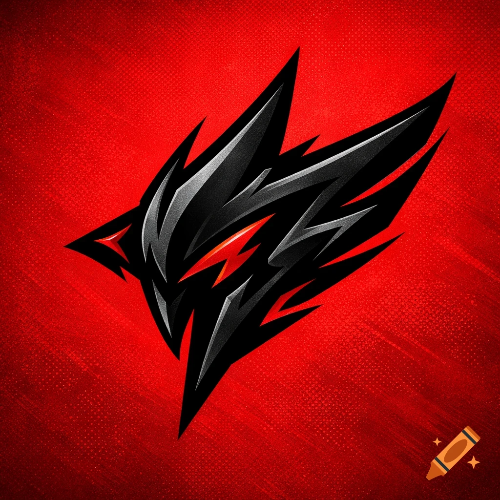 A stylized black and red aggressive esports logo with sharp edges and lightning bolt accents on a textured red background.