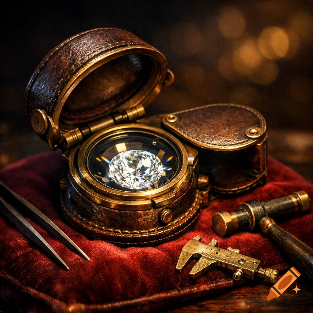A sparkling diamond sits in an open jeweler's loupe, surrounded by brass tools like tweezers, calipers, and a hammer, all on a rich red velvet cushion in a soft, warm light.