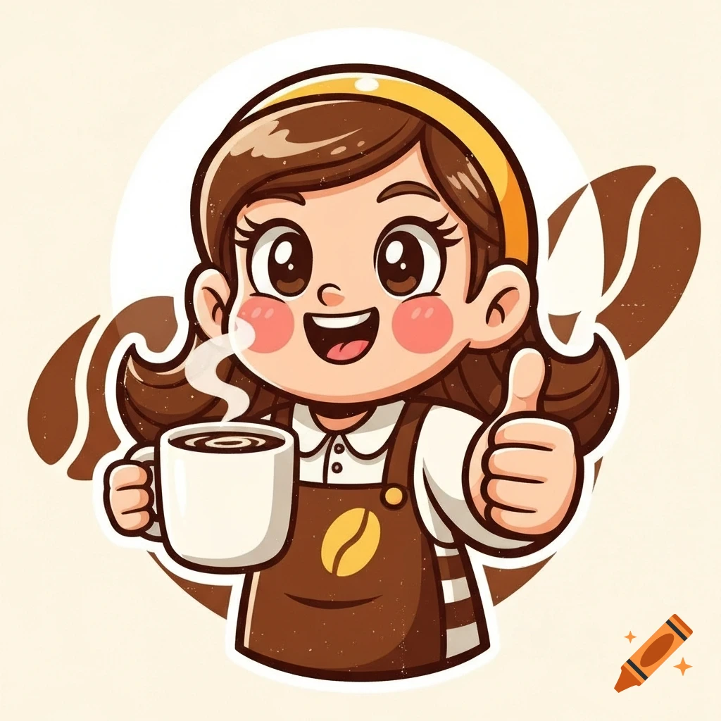 A cute, retro cartoon girl barista with a coffee bean apron holds a steaming mug and gives a thumbs up.