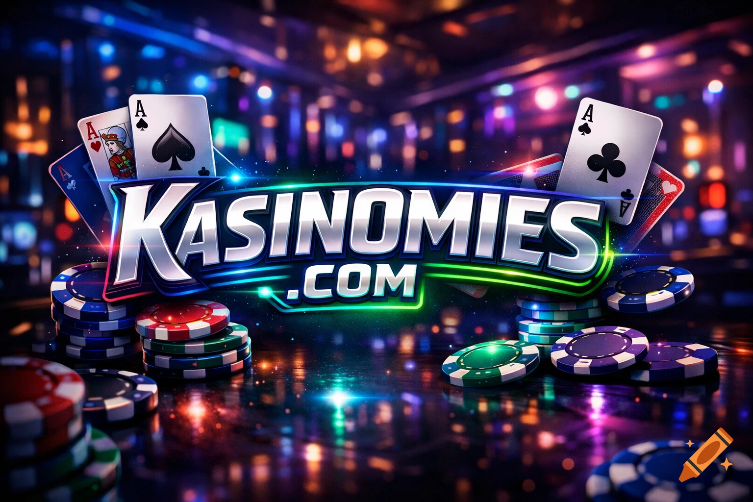 A stylized KASINOMIES.COM logo with playing cards and casino chips on a reflective surface against a neon-lit casino background.