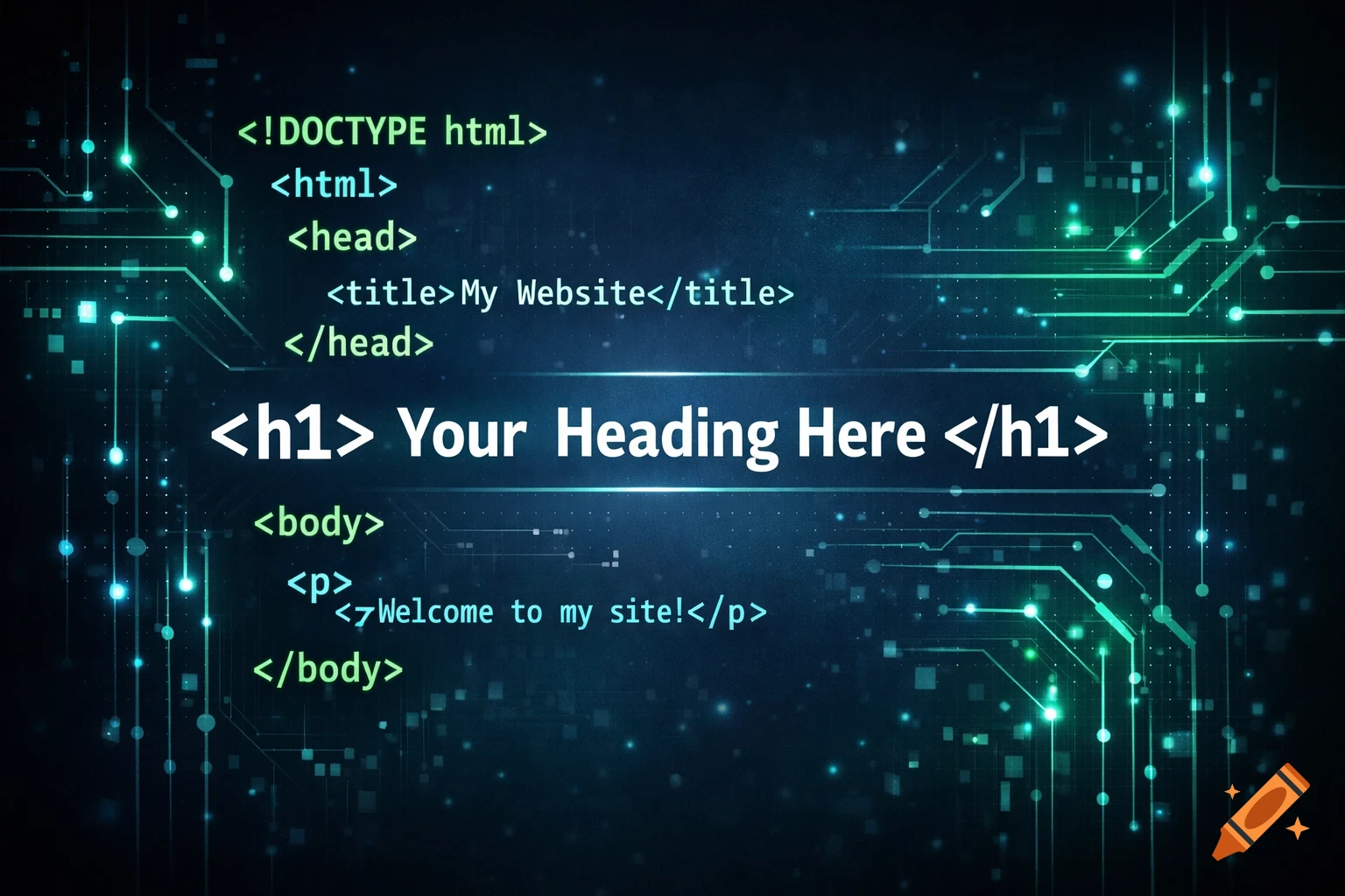 HTML code snippet for a website with a bold heading, displayed on a glowing circuit board background.
