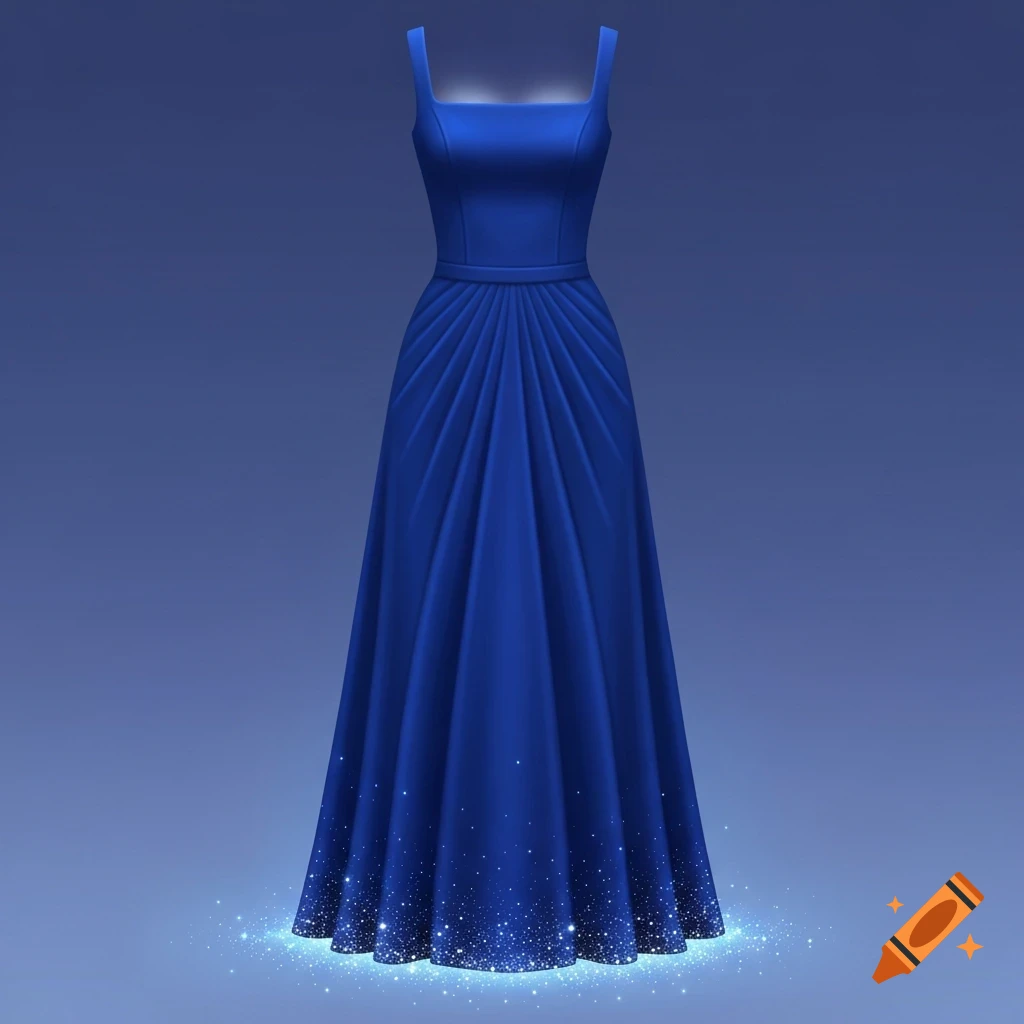 A shimmering royal blue formal gown with a square neckline, fitted bodice, and sparkling glitter at the hem, against a blue background.