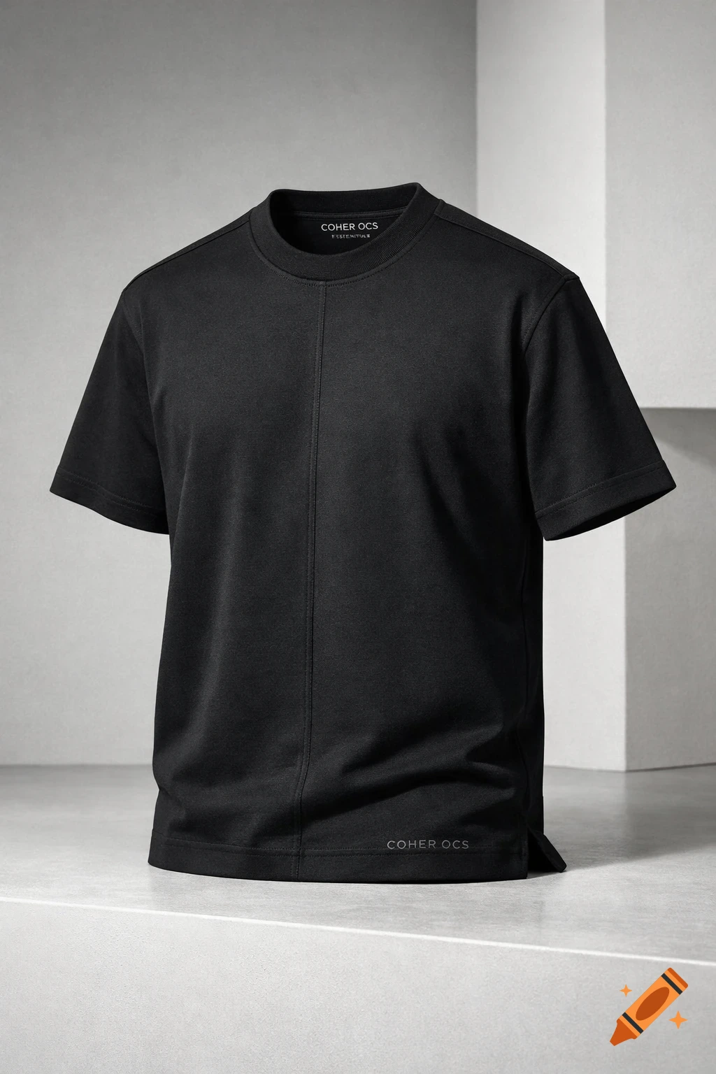 A black short-sleeved t-shirt with a structured fit, front and shoulder seams, and a crew neck, displayed on a grey pedestal against a minimalist grey background.