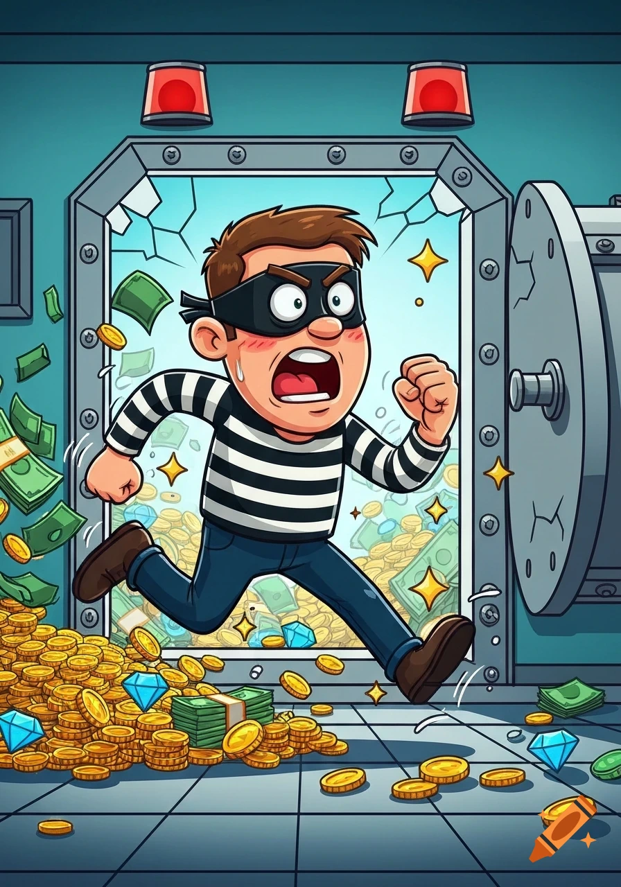 A cartoon bank robber in a striped shirt and mask frantically runs from an open bank vault overflowing with money and jewels.