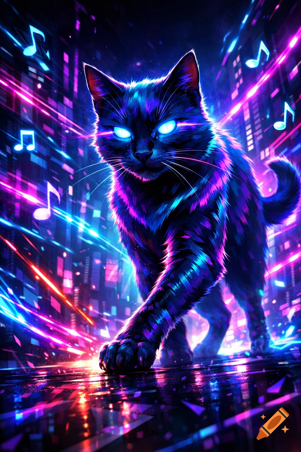 A black cat with glowing blue eyes and vibrant purple and blue fur walks on a reflective surface in a futuristic neon cityscape with musical notes.