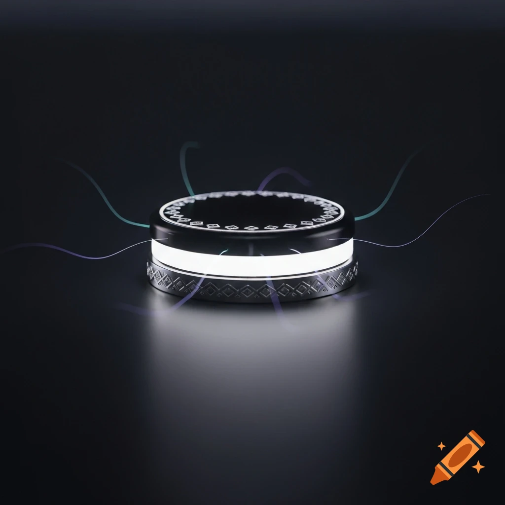 A futuristic glowing black and silver button with intricate patterns on a dark surface.
