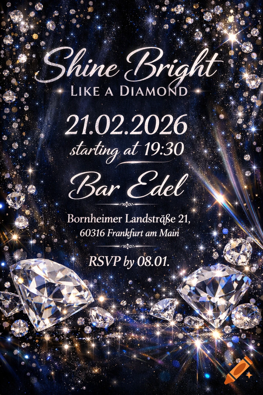 A glittering birthday party invitation with a dark background, sparkling stars, and large diamonds, featuring event details and RSVP.