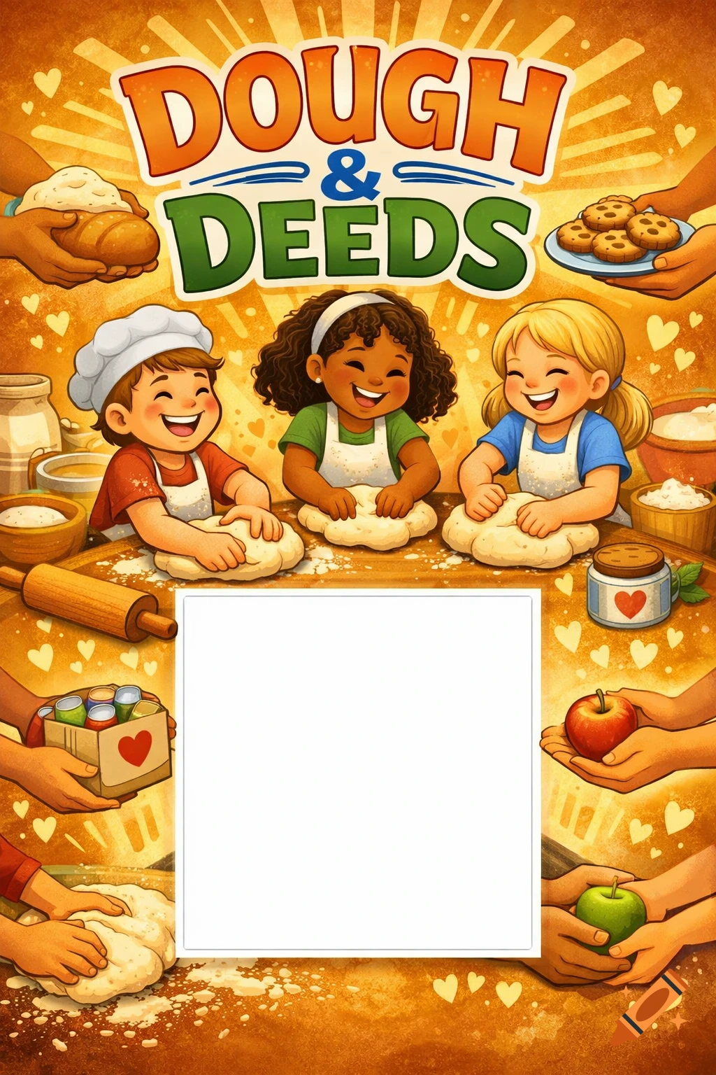 Cartoon poster 'DOUGH & DEEDS' with three happy children baking dough, surrounded by hands holding food and a blank photo space.