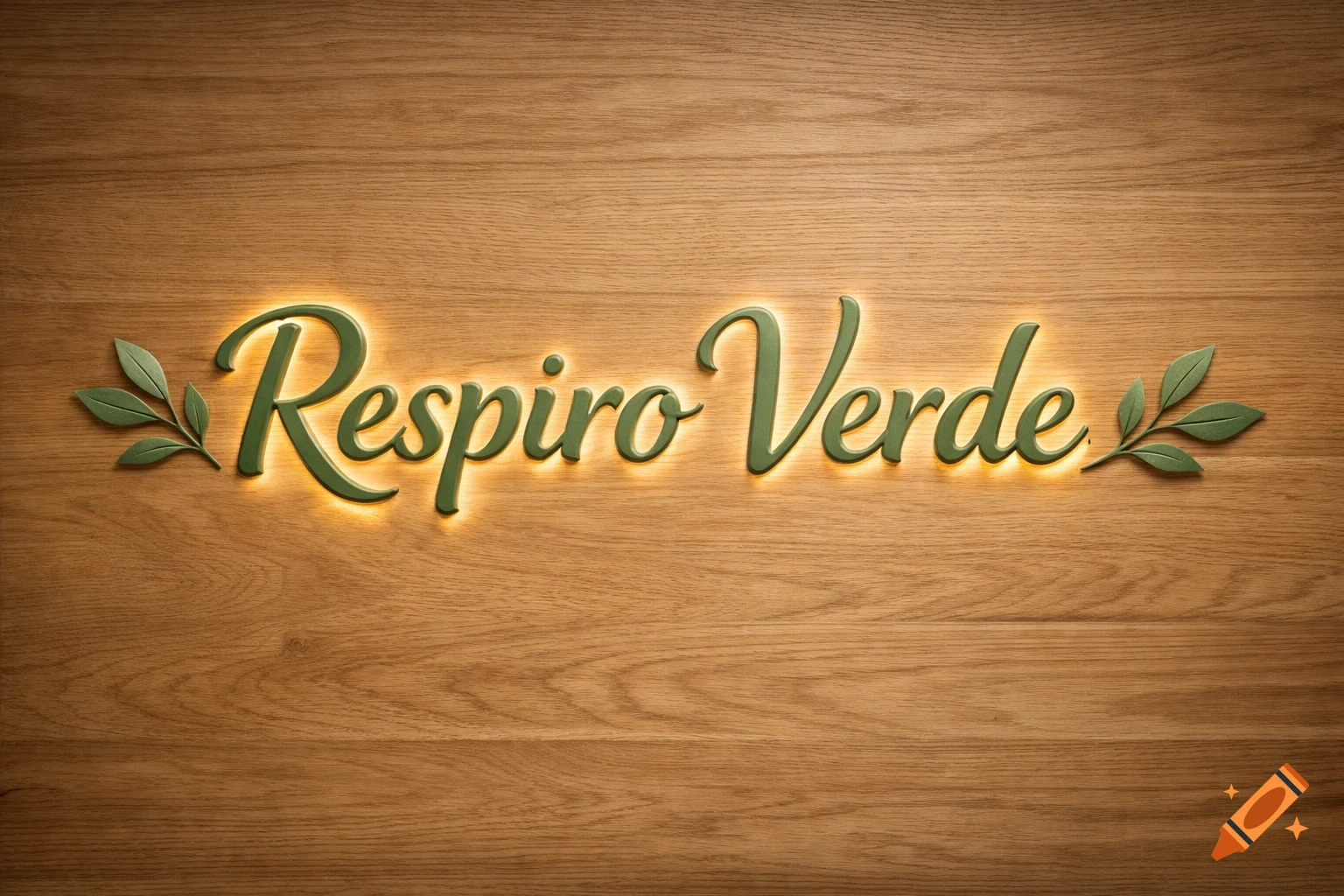 Green, backlit 'Respiro Verde' text with stylized leaves on a light natural wood background.