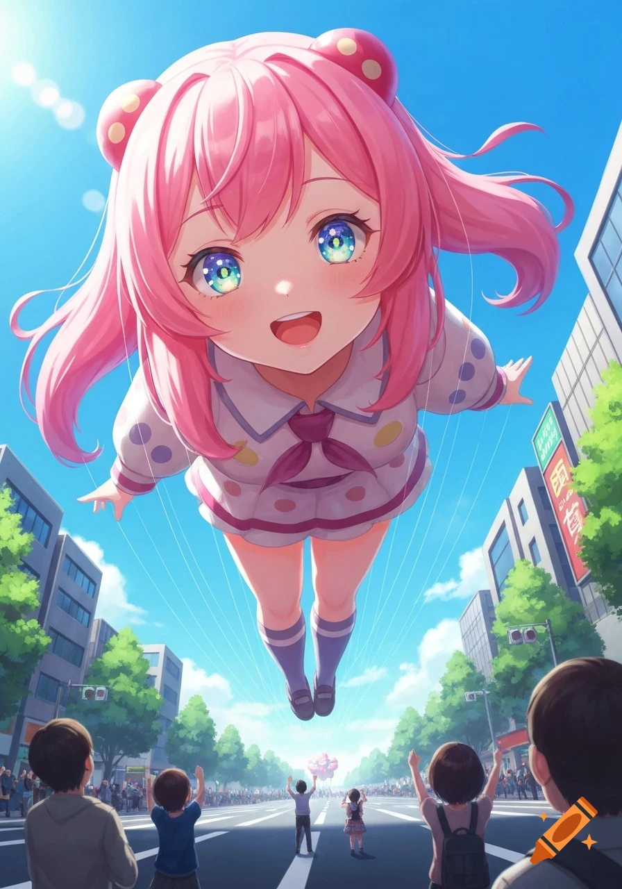 A giant anime girl parade balloon with pink hair and big blue eyes floats high above a city street, watched by a crowd below.