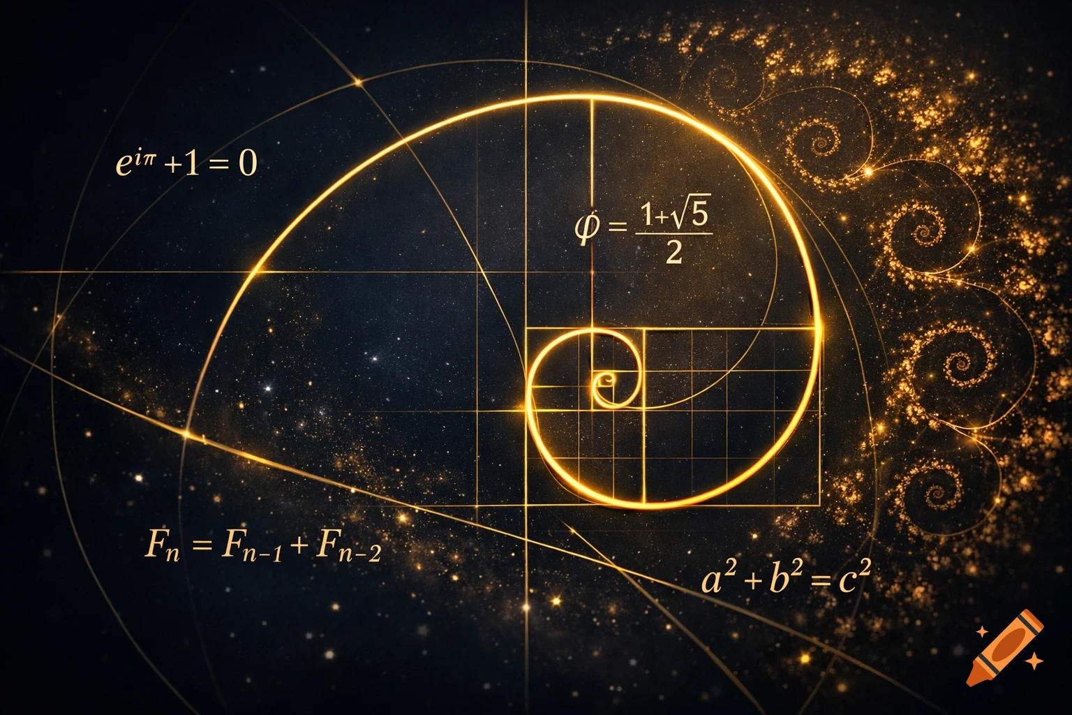 A glowing golden ratio spiral and mathematical equations float in a dark, starry deep space background.