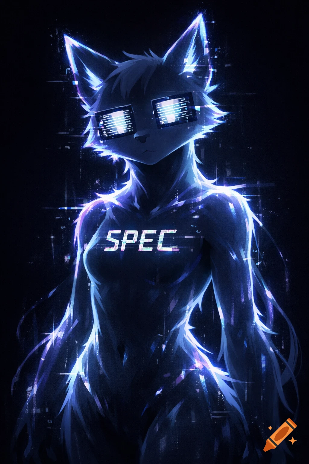 A glowing, spectral, cat-like creature with digital glitch eyes and 'SPEC' text on its chest, in a dark, sci-fi style.