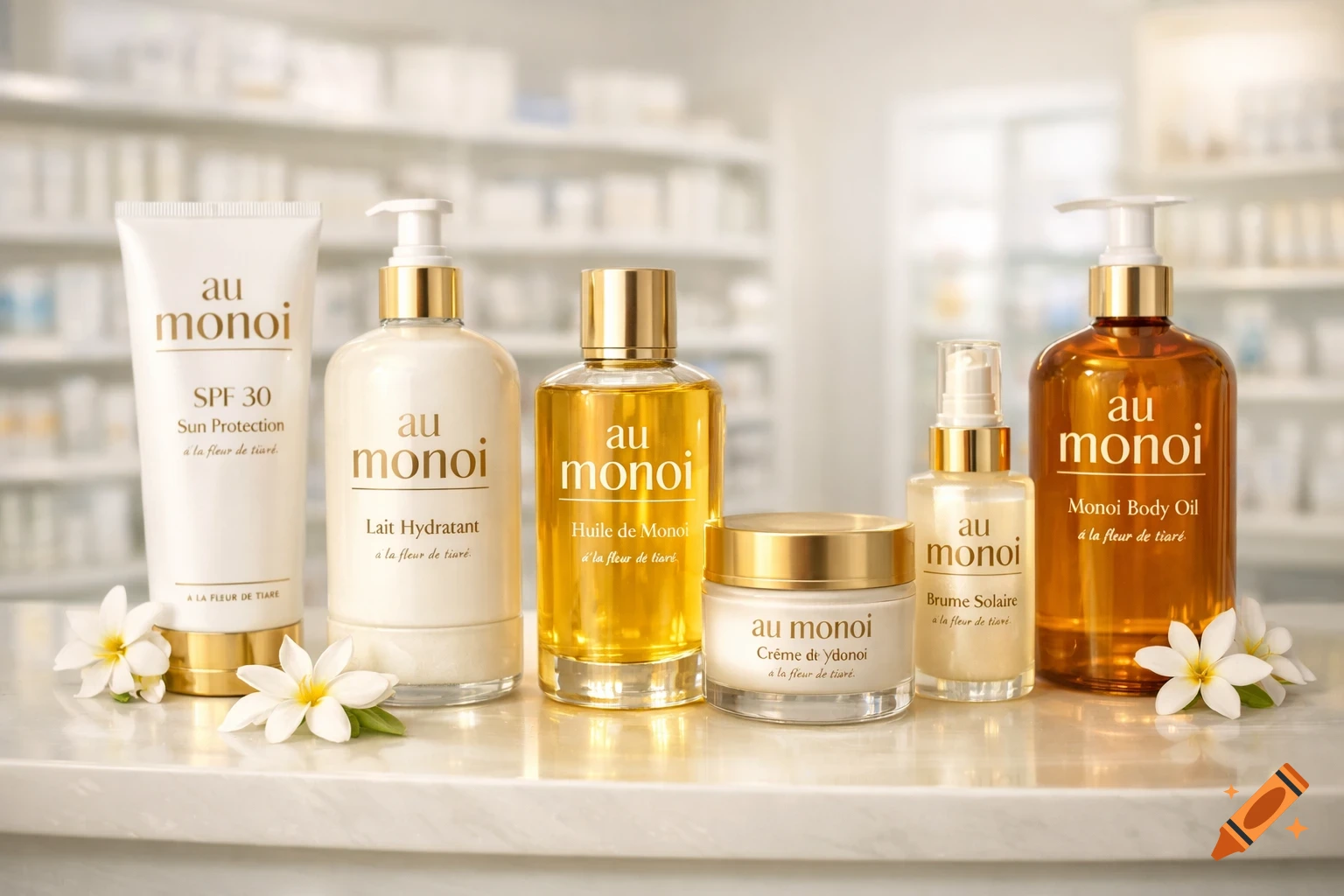 A lineup of "au monoi" cosmetic products, including sun protection, hydrating milk, monoi oil, cream, sun mist, and body oil, displayed on a counter with white flowers in a pharmacy setting.
