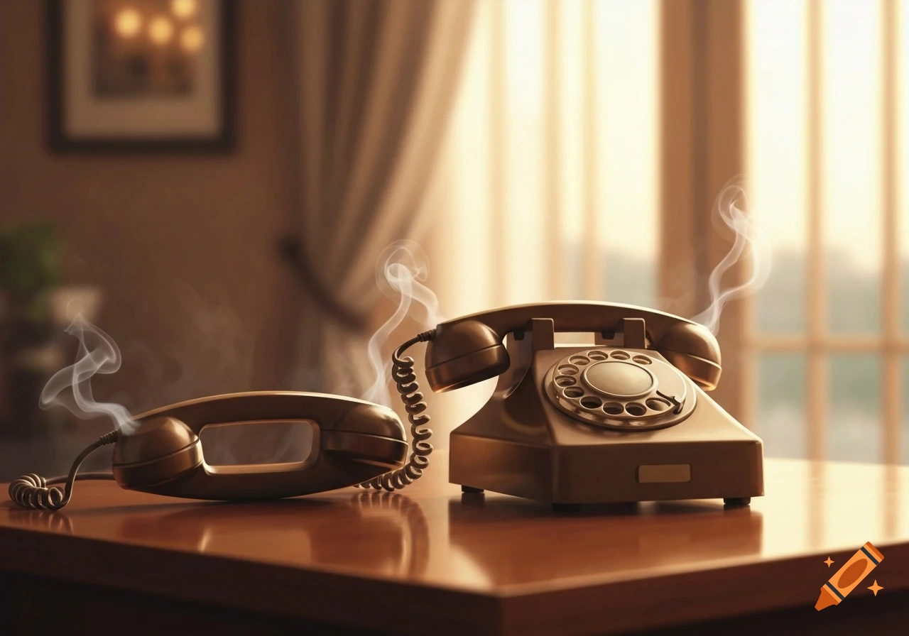 Two vintage rotary phones, one with the receiver off the hook, emit smoke on a polished wooden desk with a warm, blurred background.