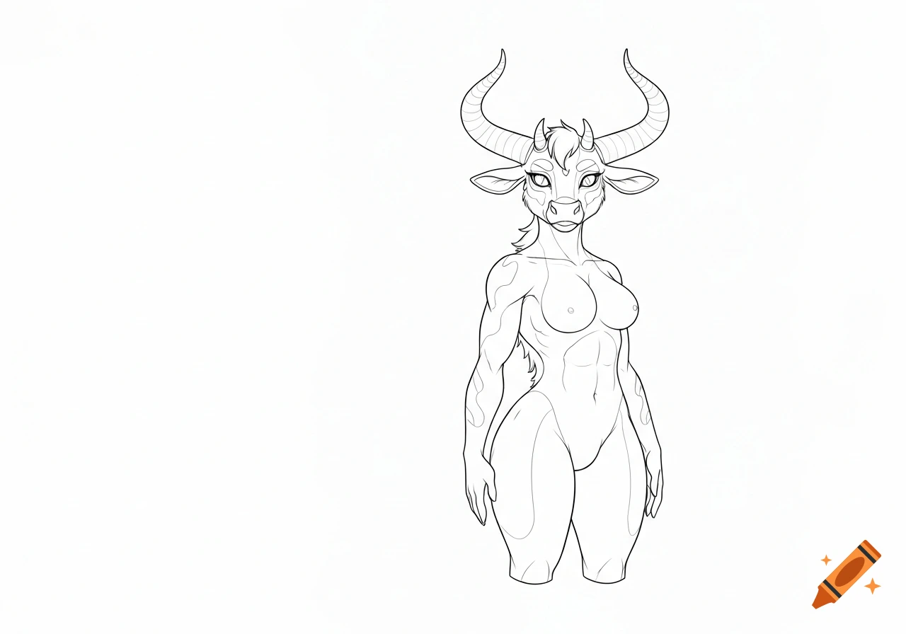 Detailed line art of a female anthropomorphic cow character with long horns, standing nude.