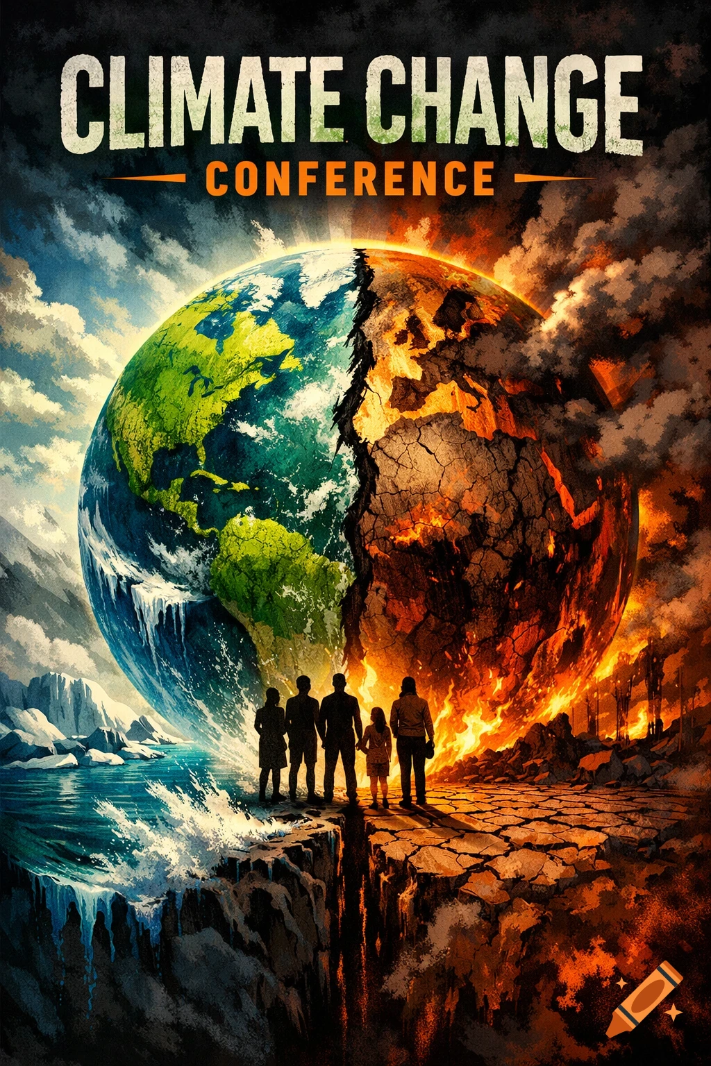A dramatic poster illustrating climate change with Earth split into lush green and fiery cracked halves, silhouetted people watch. Text: 'CLIMATE CHANGE CONFERENCE'.